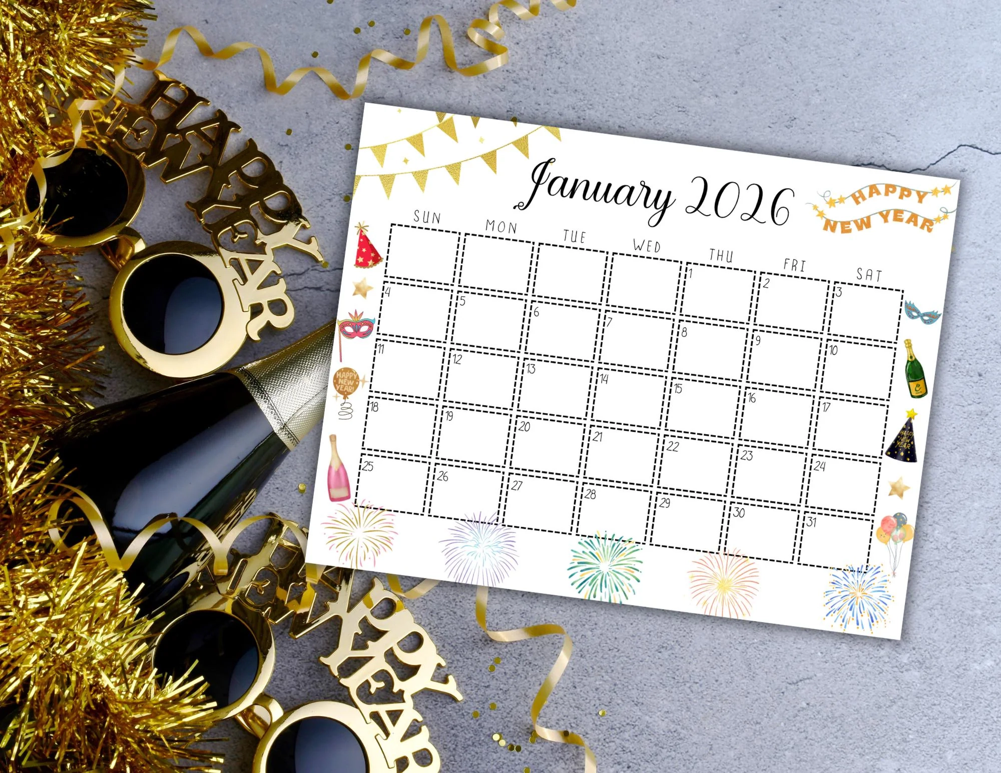 January 2026 Calendar With Fireworks