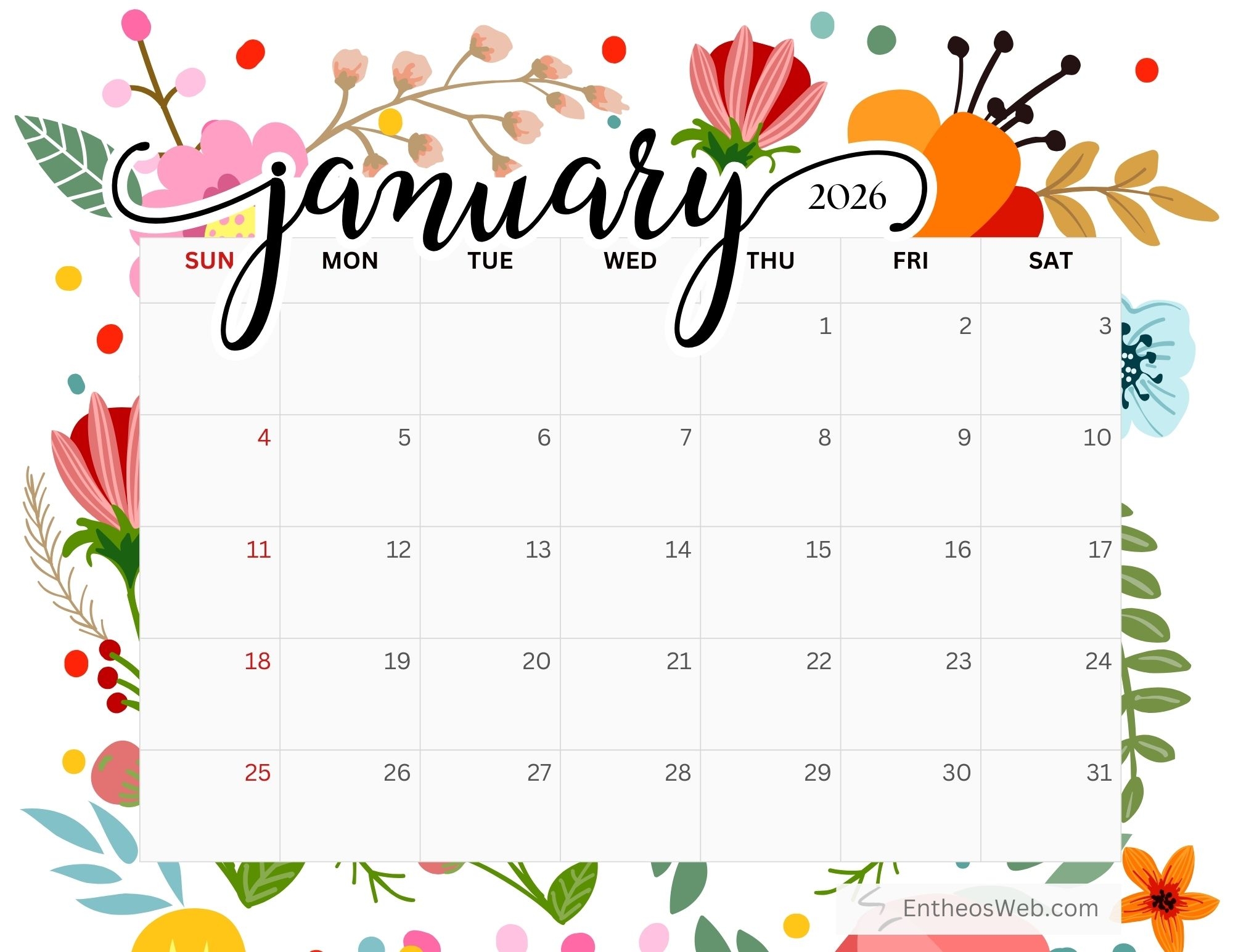 January Calendar 2026 Floral January Calendar 2026 Floral