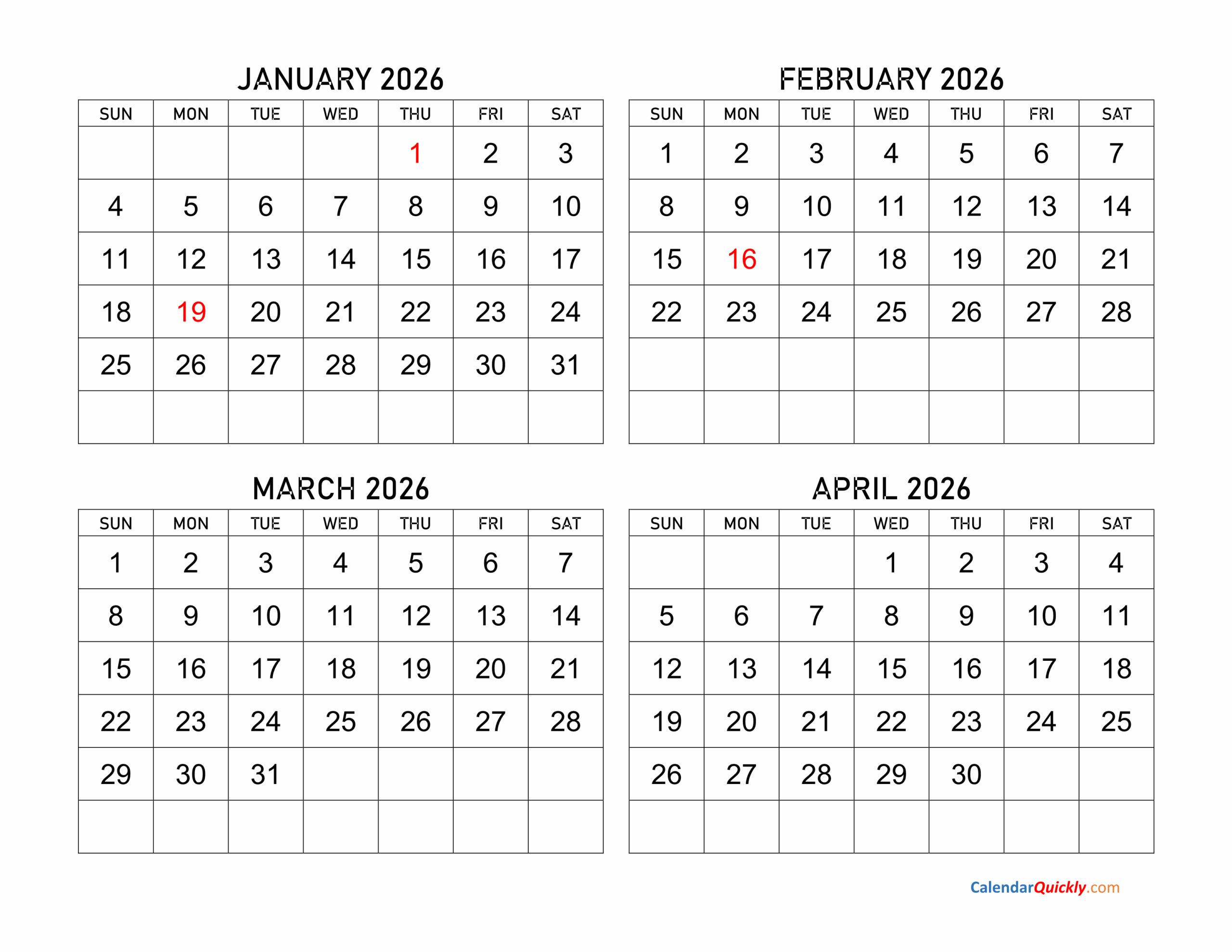 Calendar Printable 2026 January - April