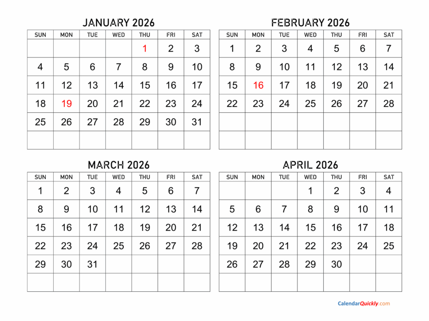 Four Months 2026 Calendar Calendar Quickly