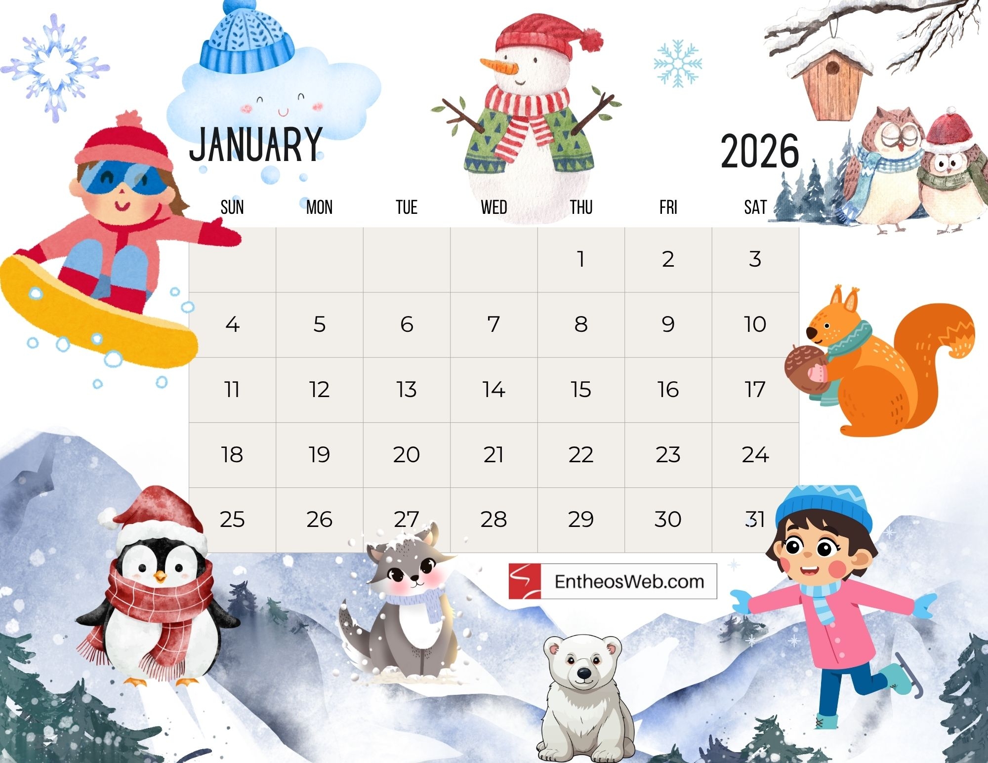 Free 2026 Thematic Printable Calendar EntheosWeb