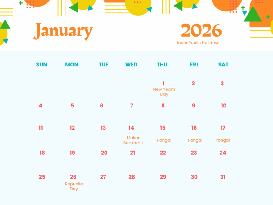 Free Creative January 2026 India Calendar Template To Edit Online