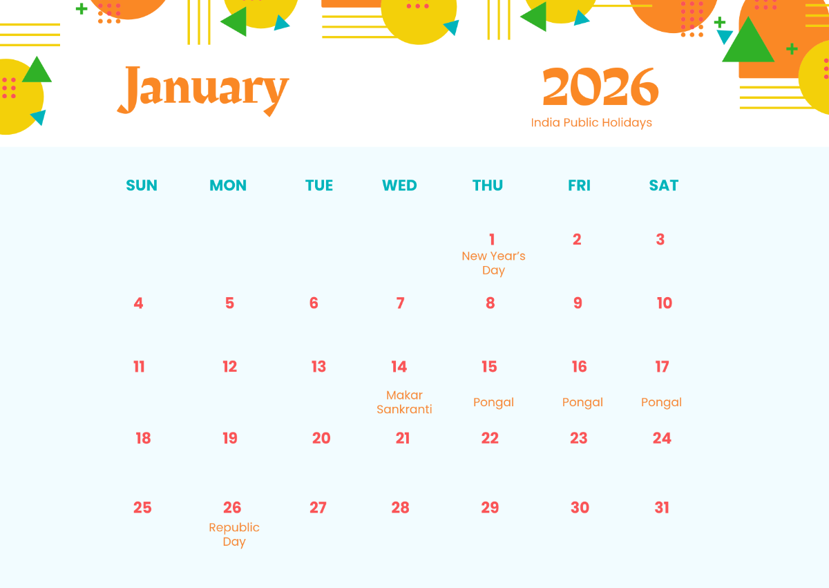 Free Creative January 2026 India Calendar Template To Edit Online Free Creative January 2026 India Calendar Template To Edit Online