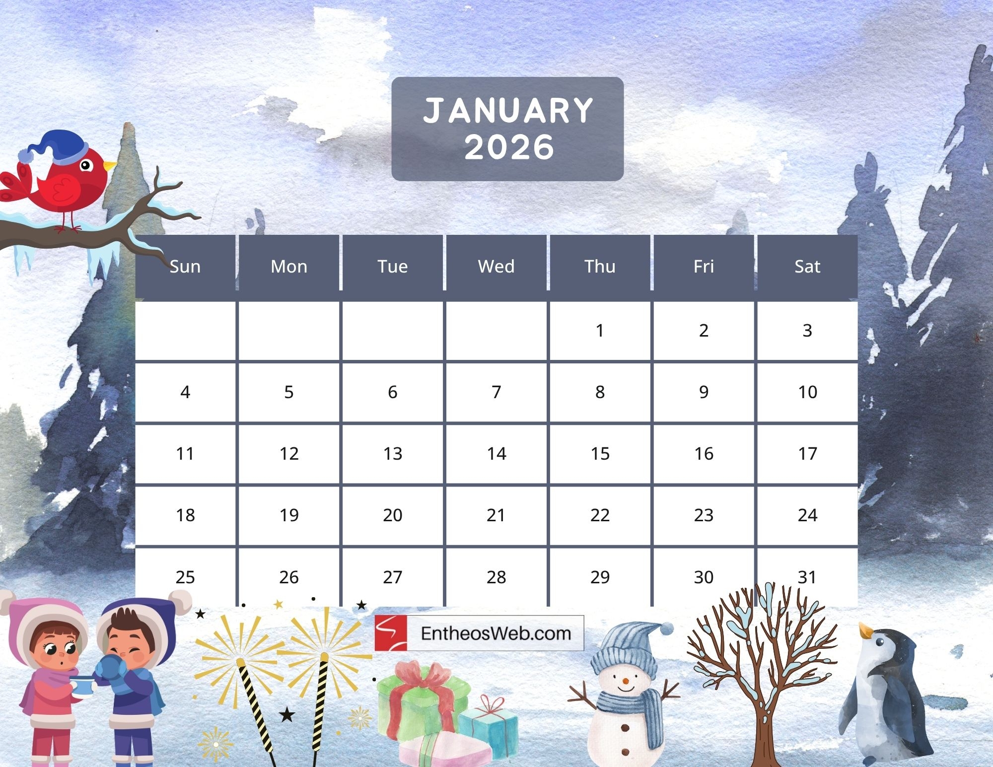 January 2026 Printable Calendar Modern Free