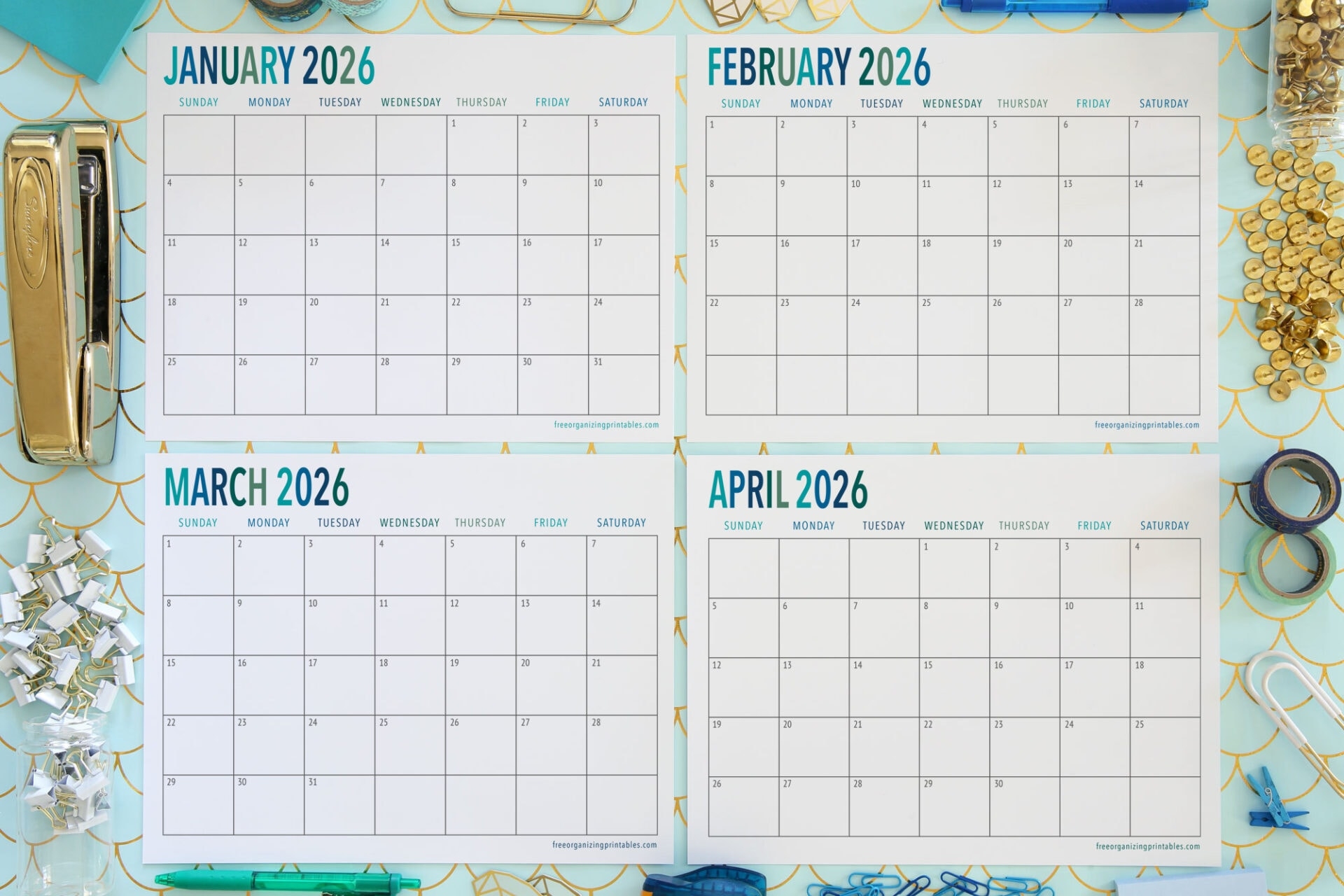 January To April 2026 Calendar Printable