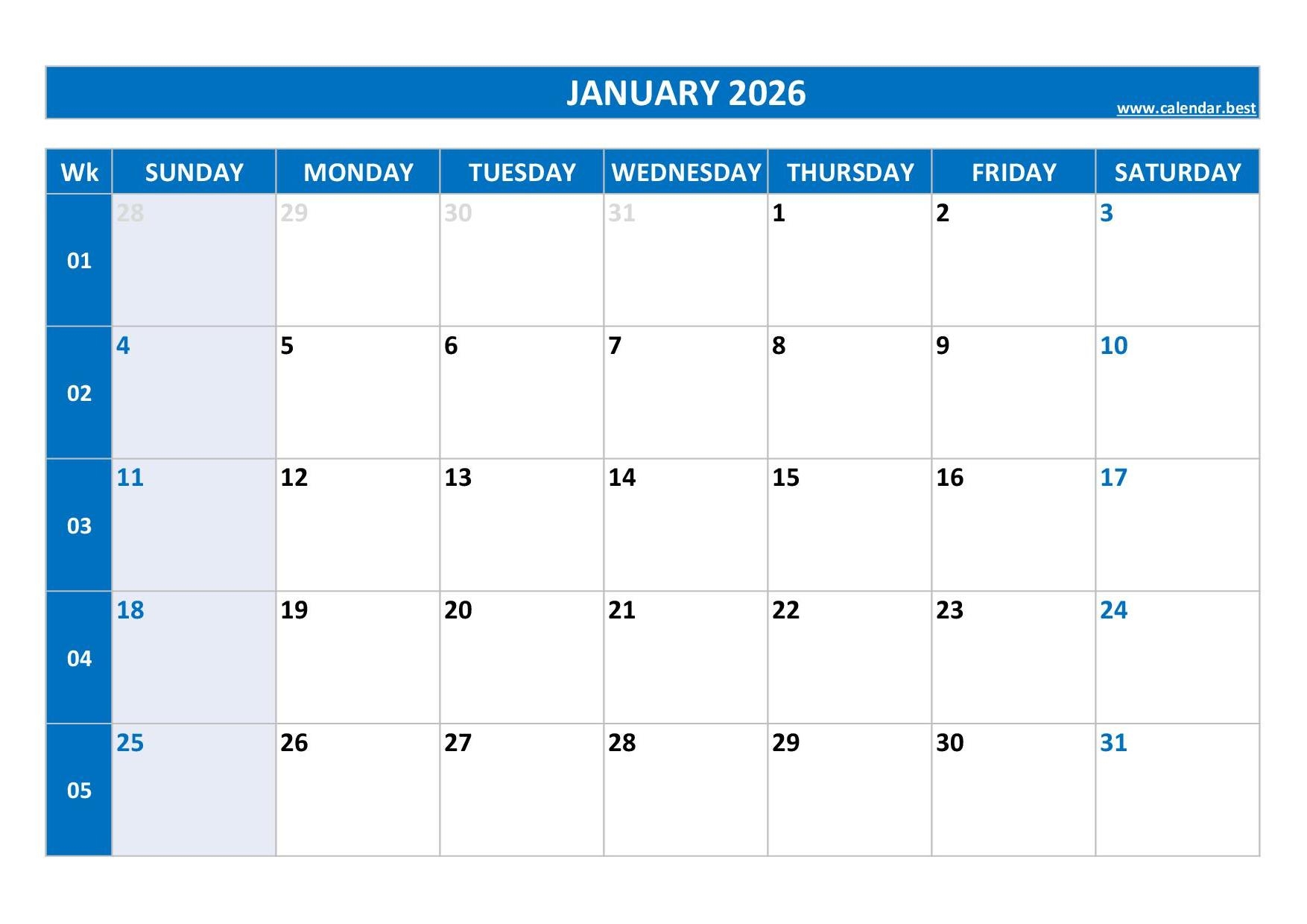 Downloadable Calendar January 2026