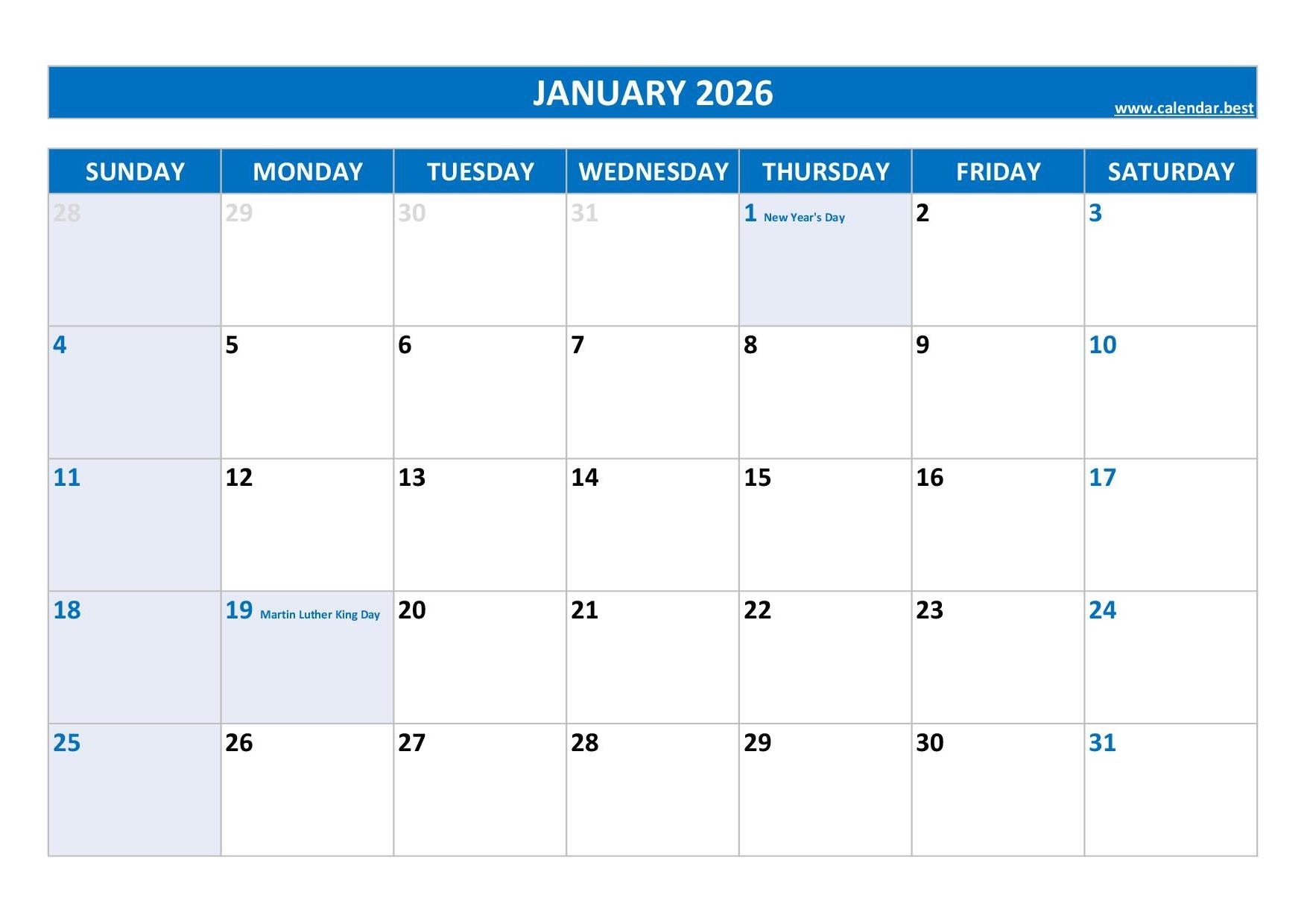 January 2026 Working Calendar January 2026 Working Calendar