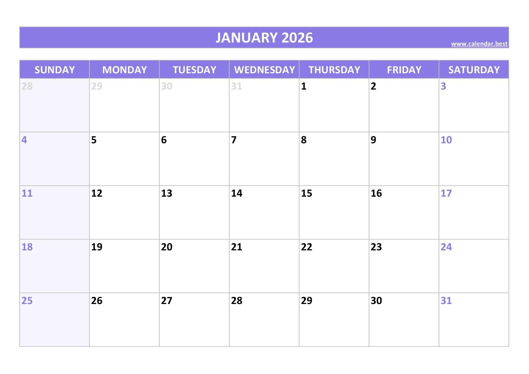 Blank Monthly Calendar January 2026 Printable