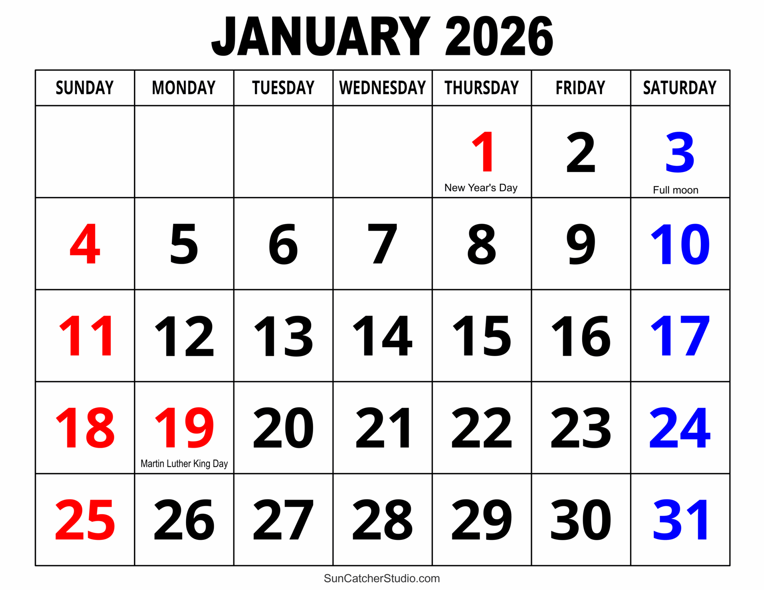 2026 January Calendar Free Printable