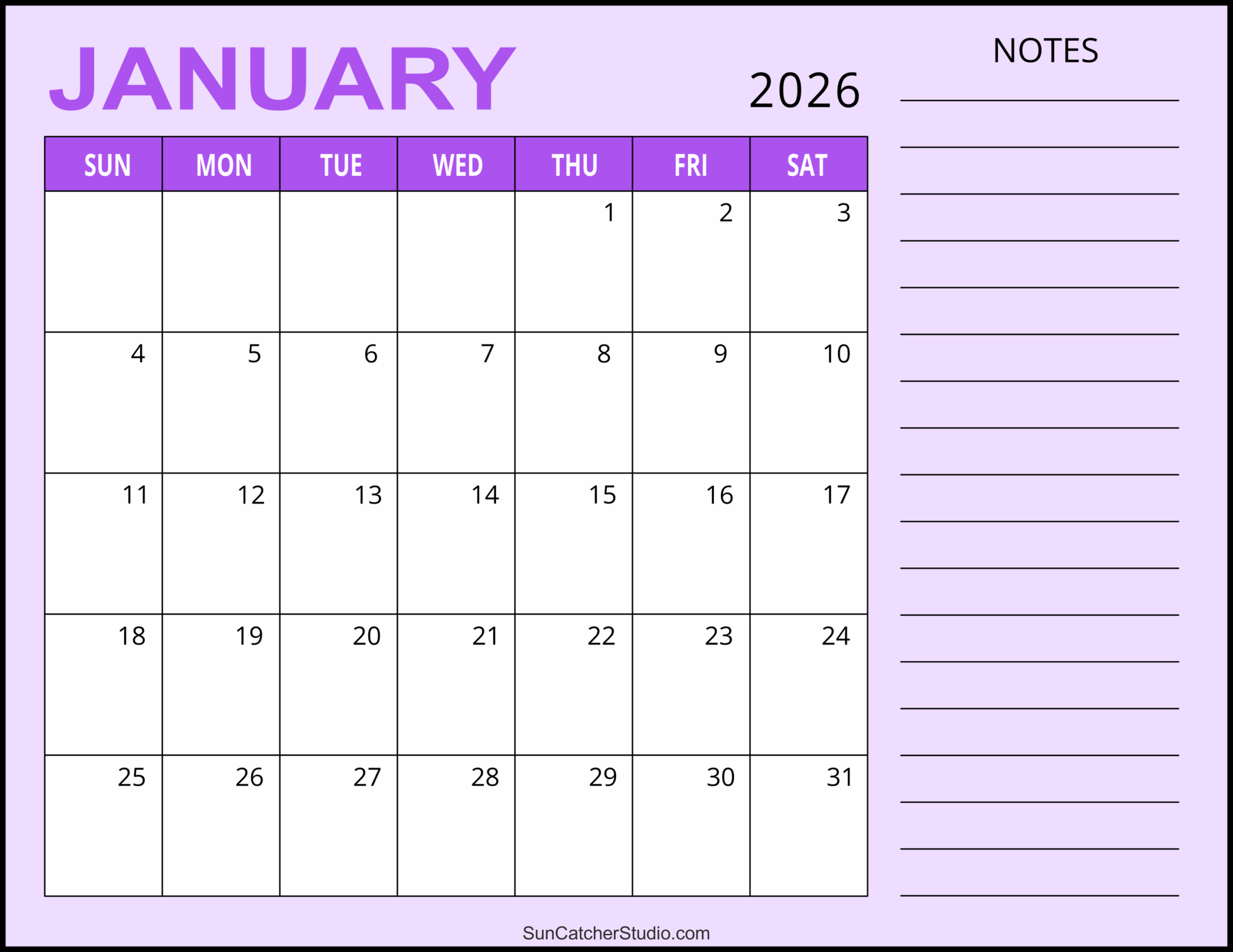Free Editable January 2026 Calendar