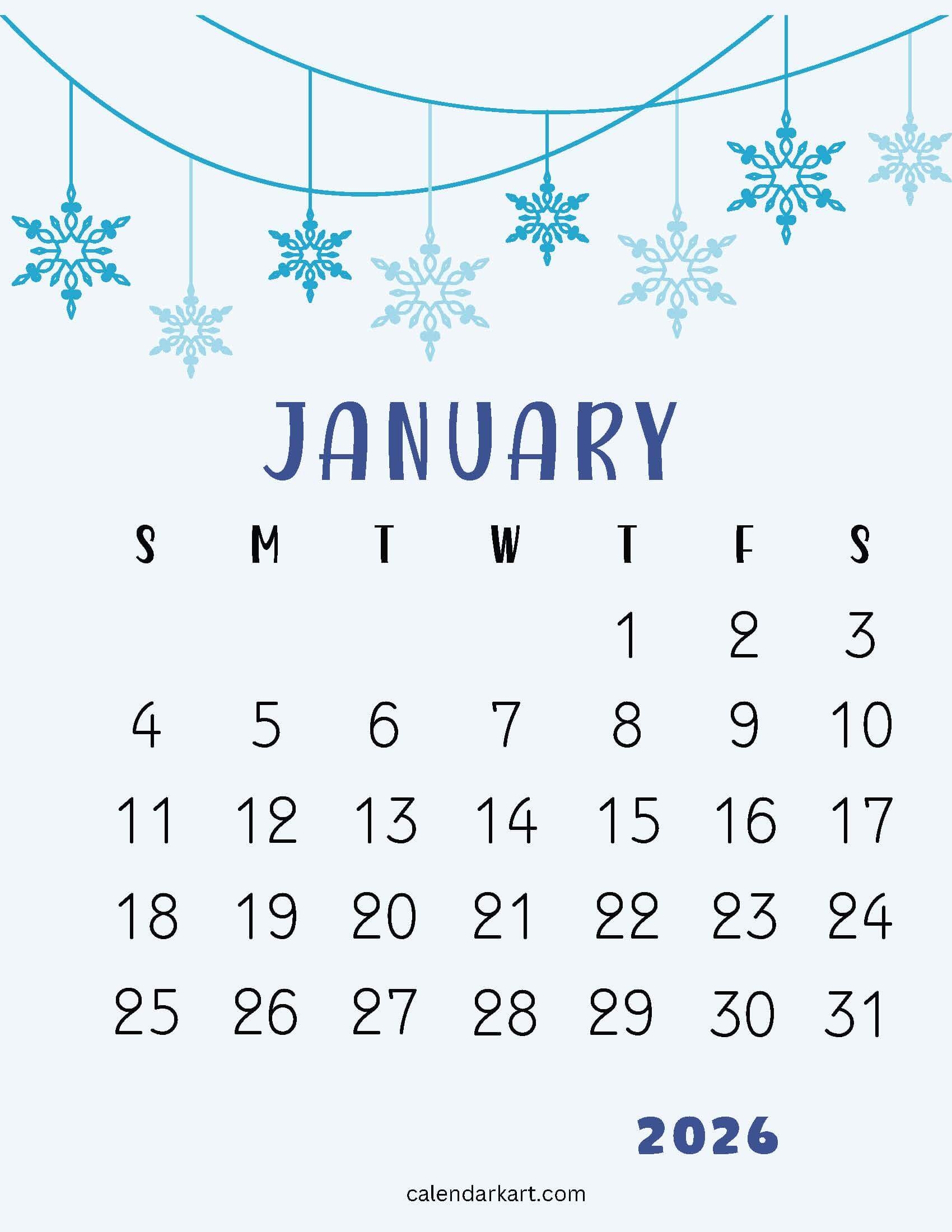 January 2026 Calendar With Snowflakes January 2026 Calendar With Snowflakes