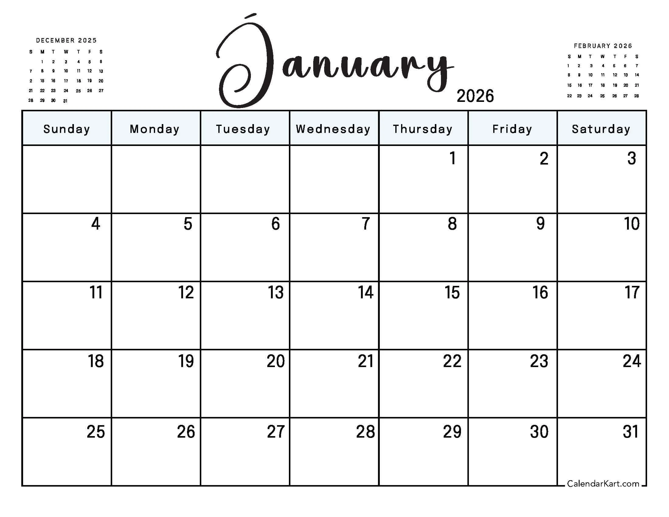 January 2026 Calendar Free Printable PDF CalendarKart