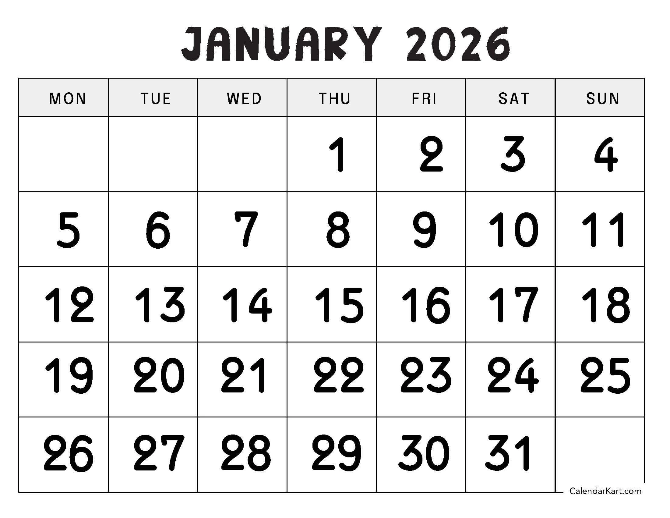Monday First Printable January 2026 Calendar Monday First Printable January 2026 Calendar