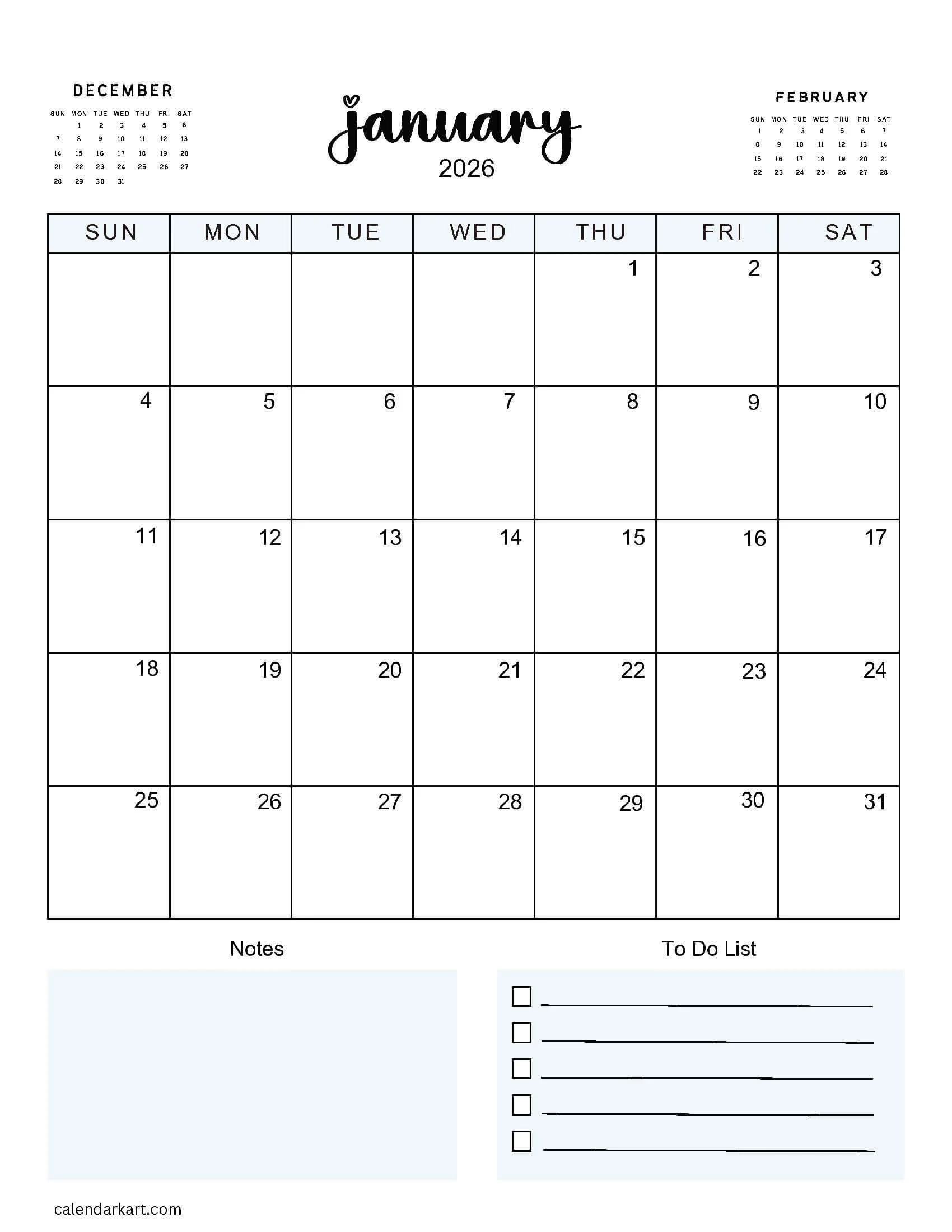 January 2026 Calendar Free Printable PDF CalendarKart