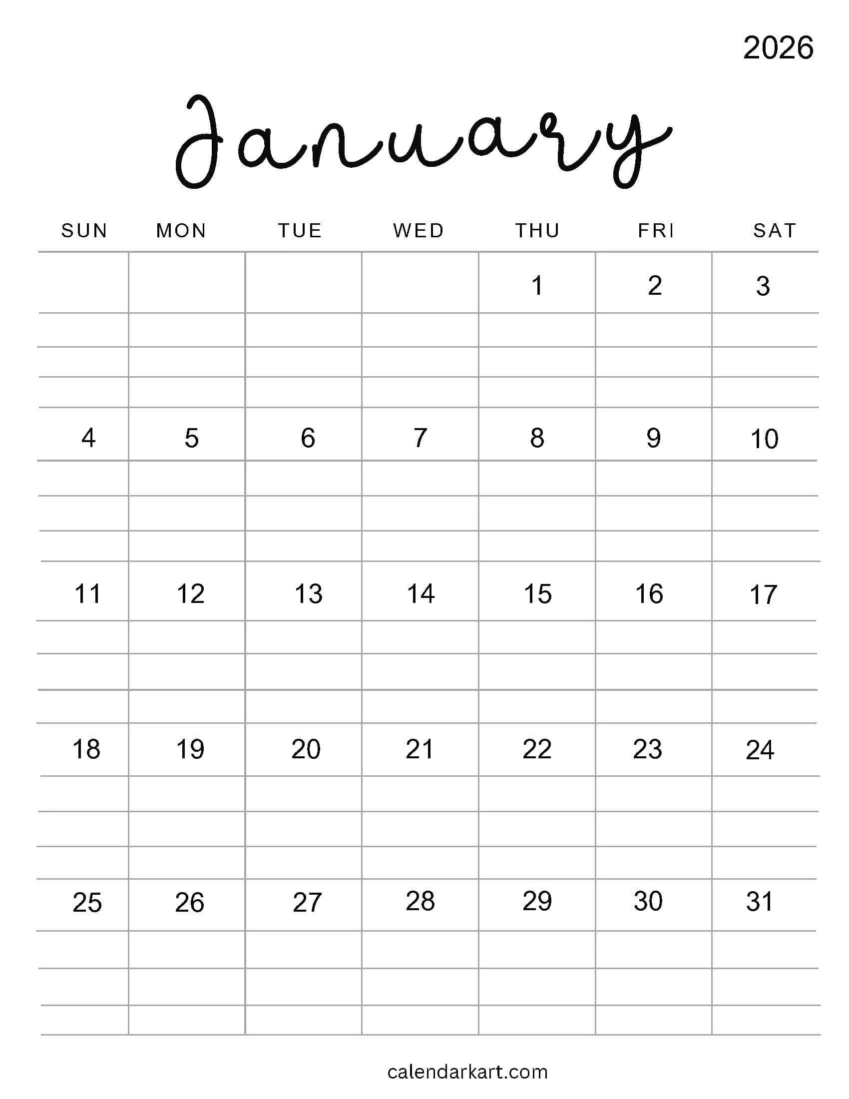 January 2026 Lined Calendar