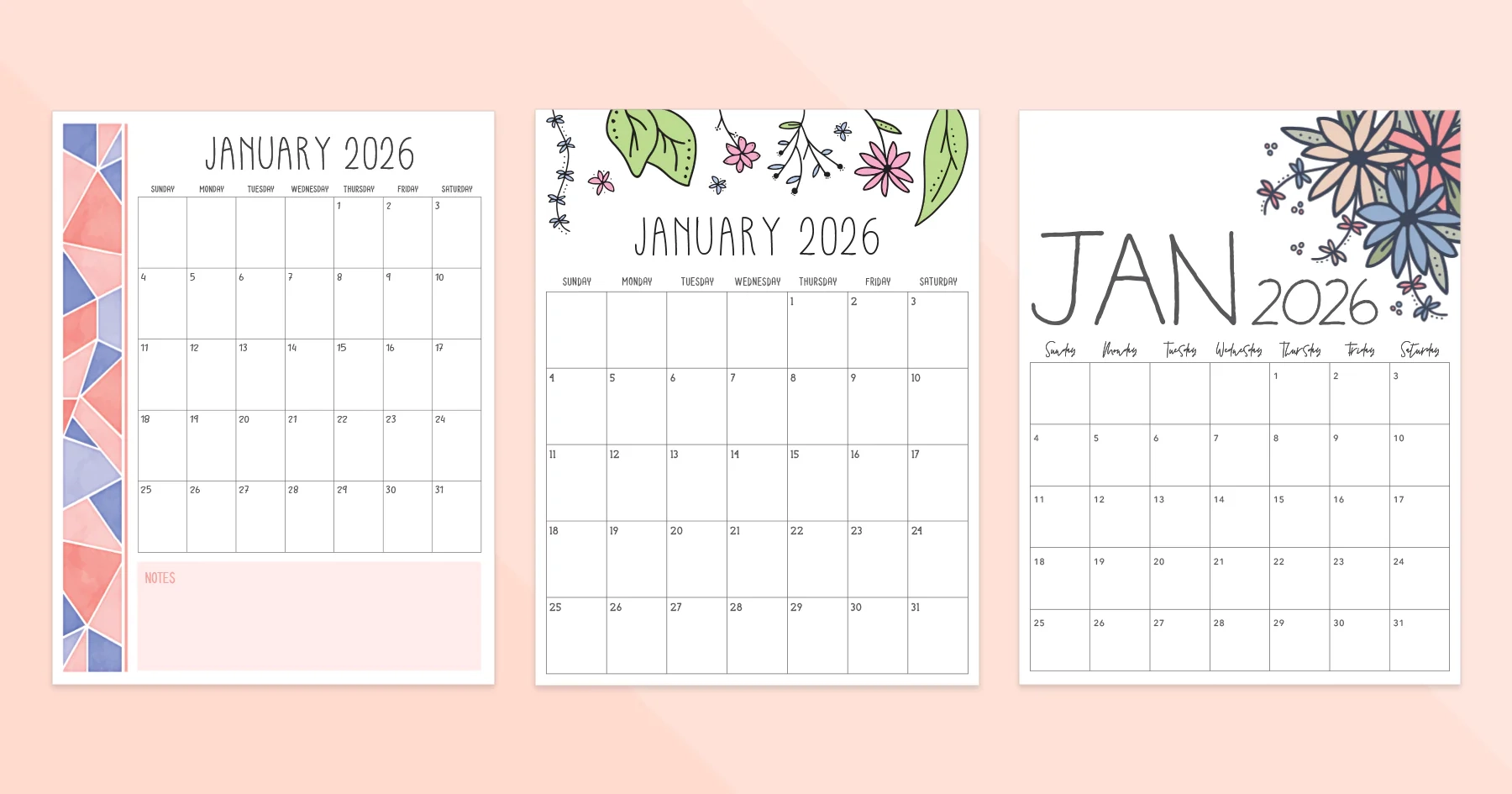 January 2026 Calendar Printable PDF Templates January 2026 Calendar Printable PDF Templates