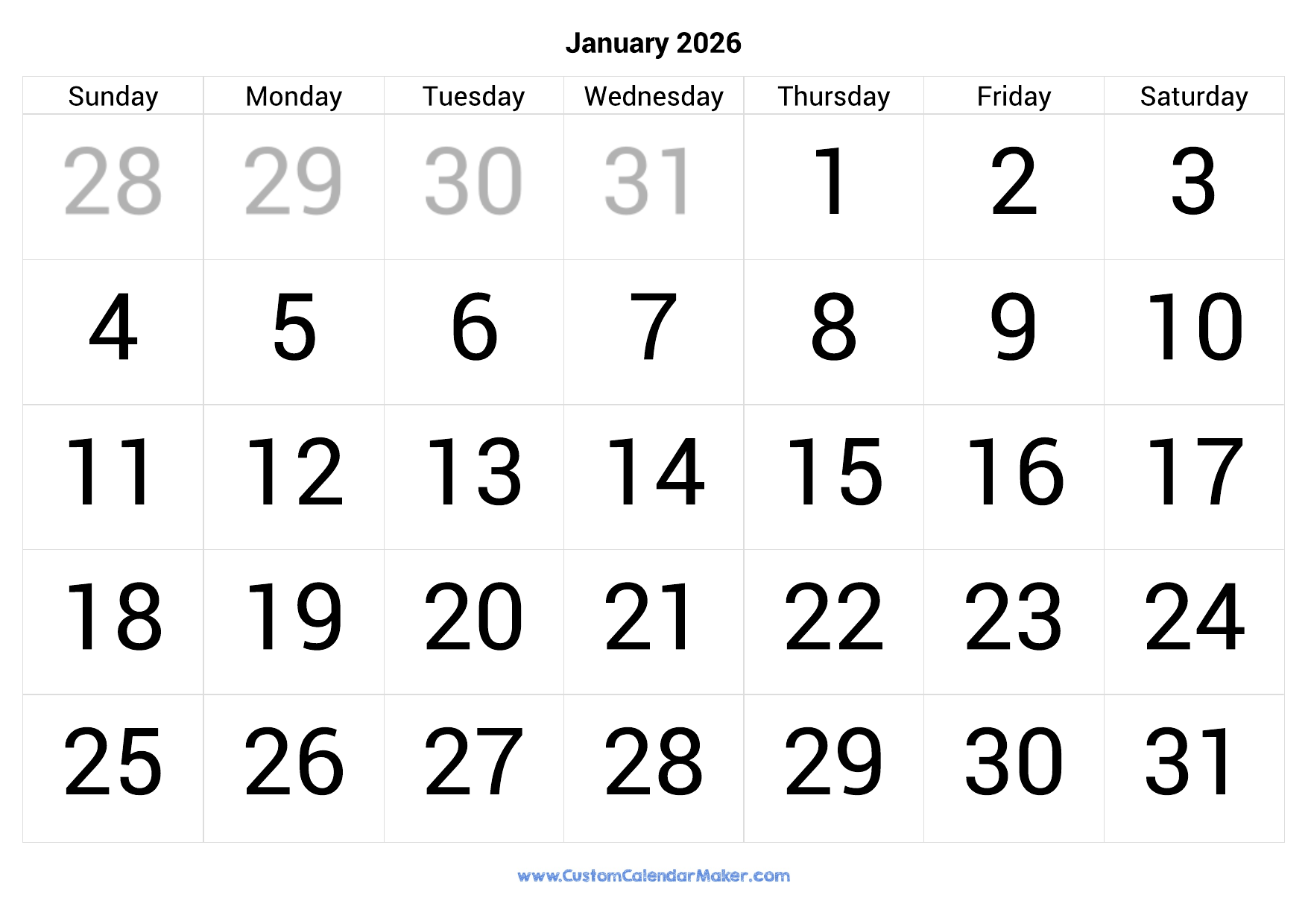 January Calendar January 2026 January Calendar January 2026