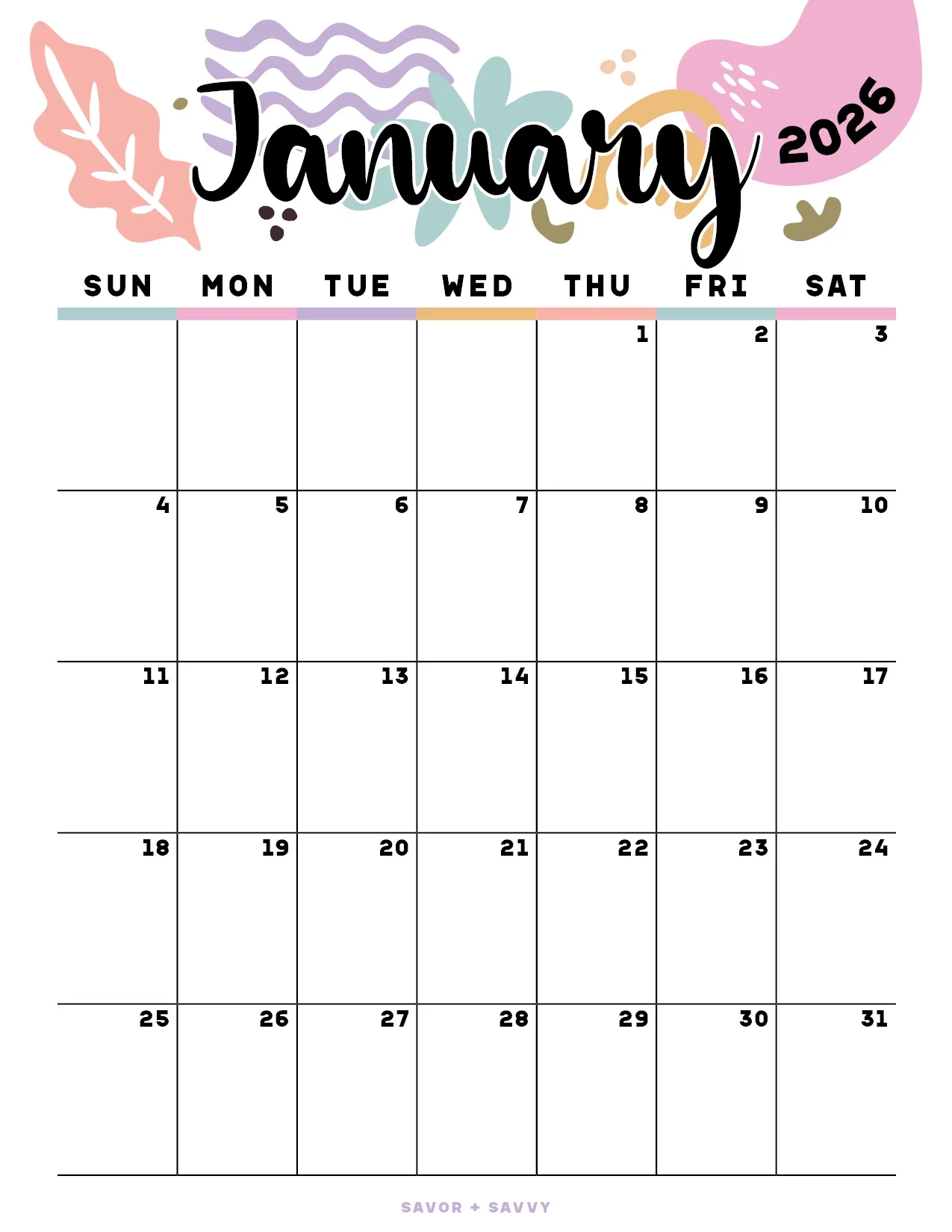 January 2026 Calendar Templates 14 Free Printables Savor Savvy