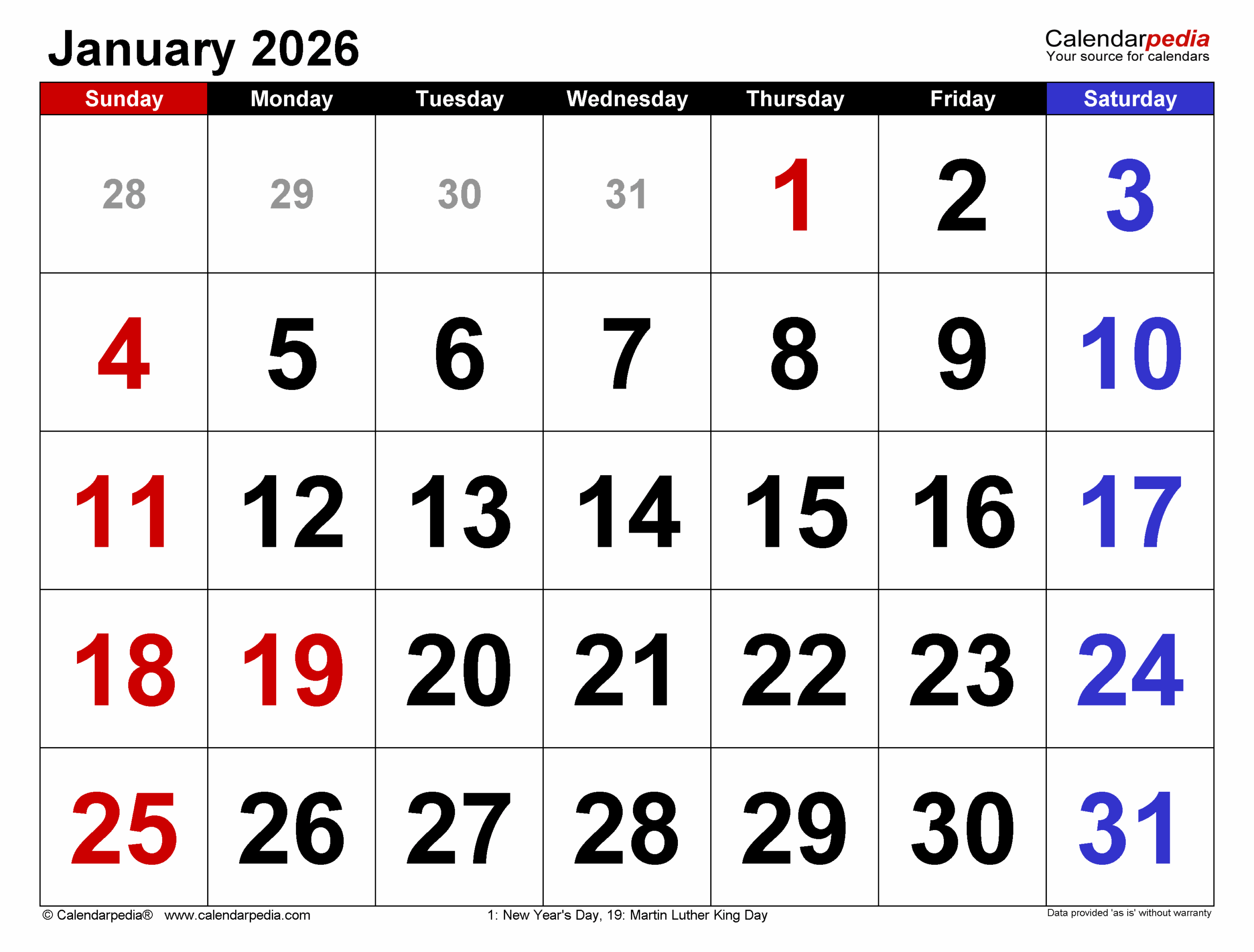 January 2026 Calendar Name