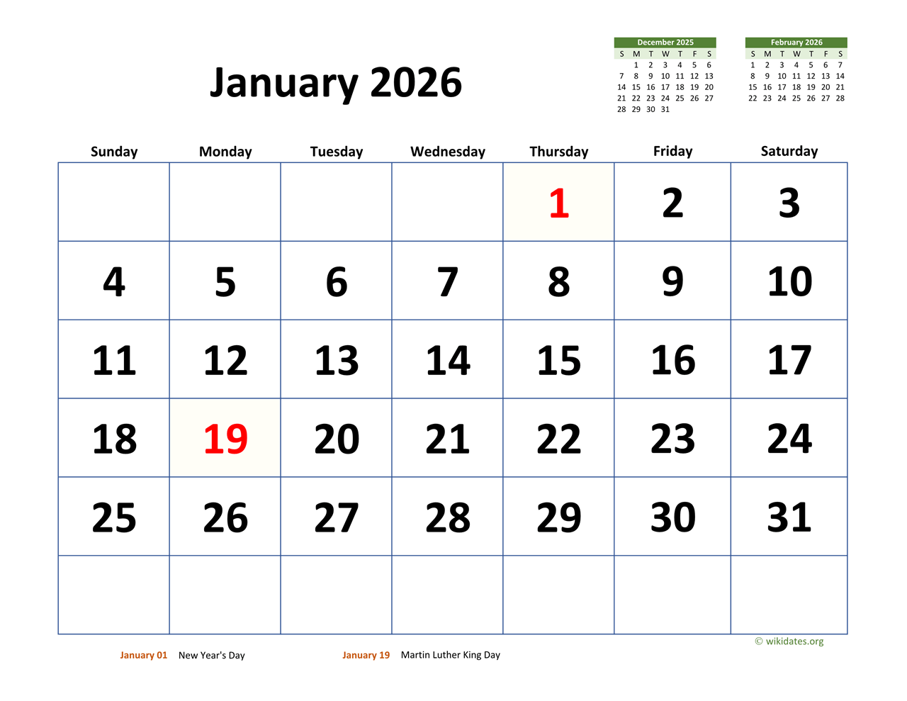 Calendar 2026 January Holidays
