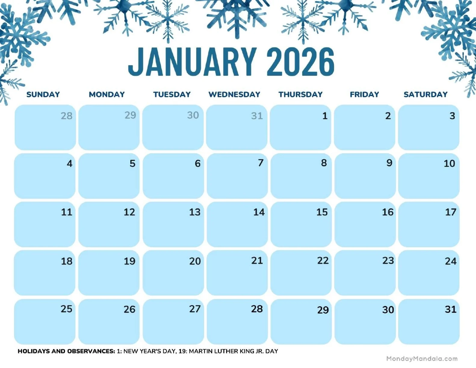 January 2026 Calendars Free PDF Printables January 2026 Calendars Free PDF Printables