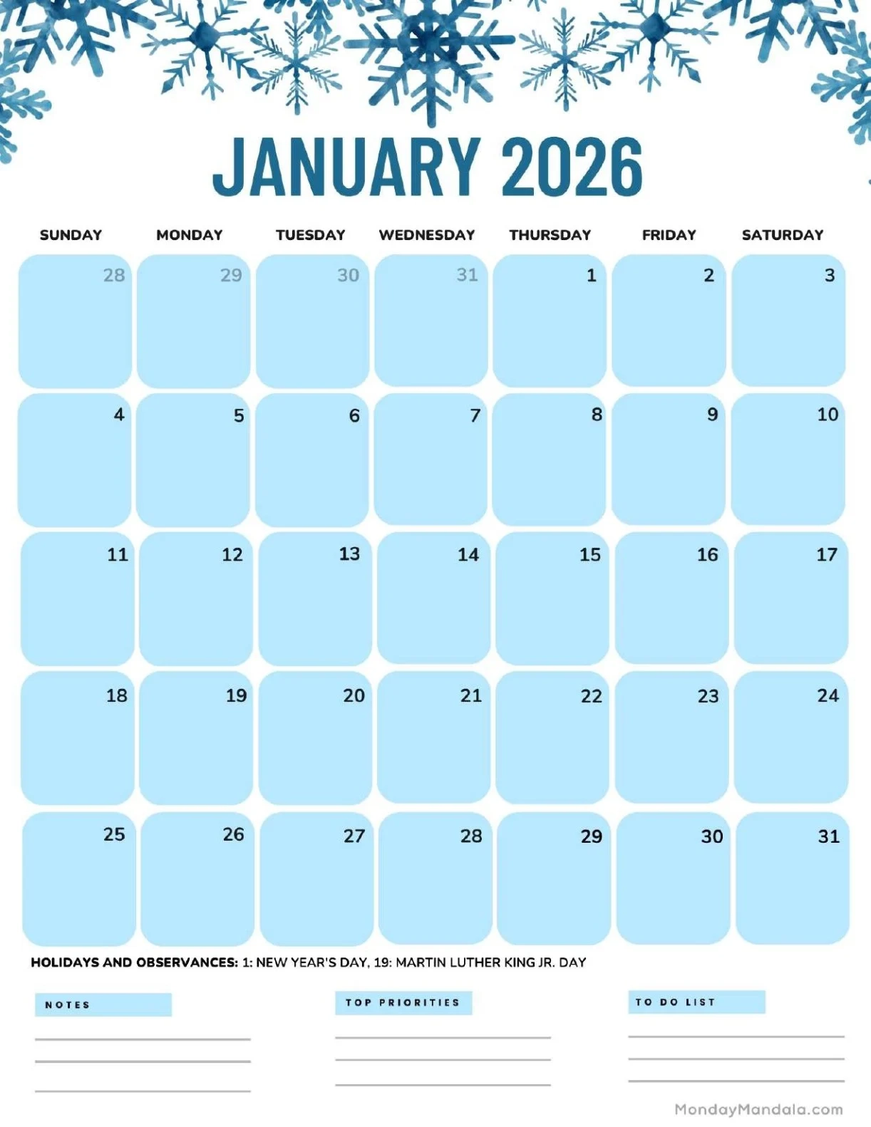 January 2026 Portrait Calendar Printable January 2026 Portrait Calendar Printable