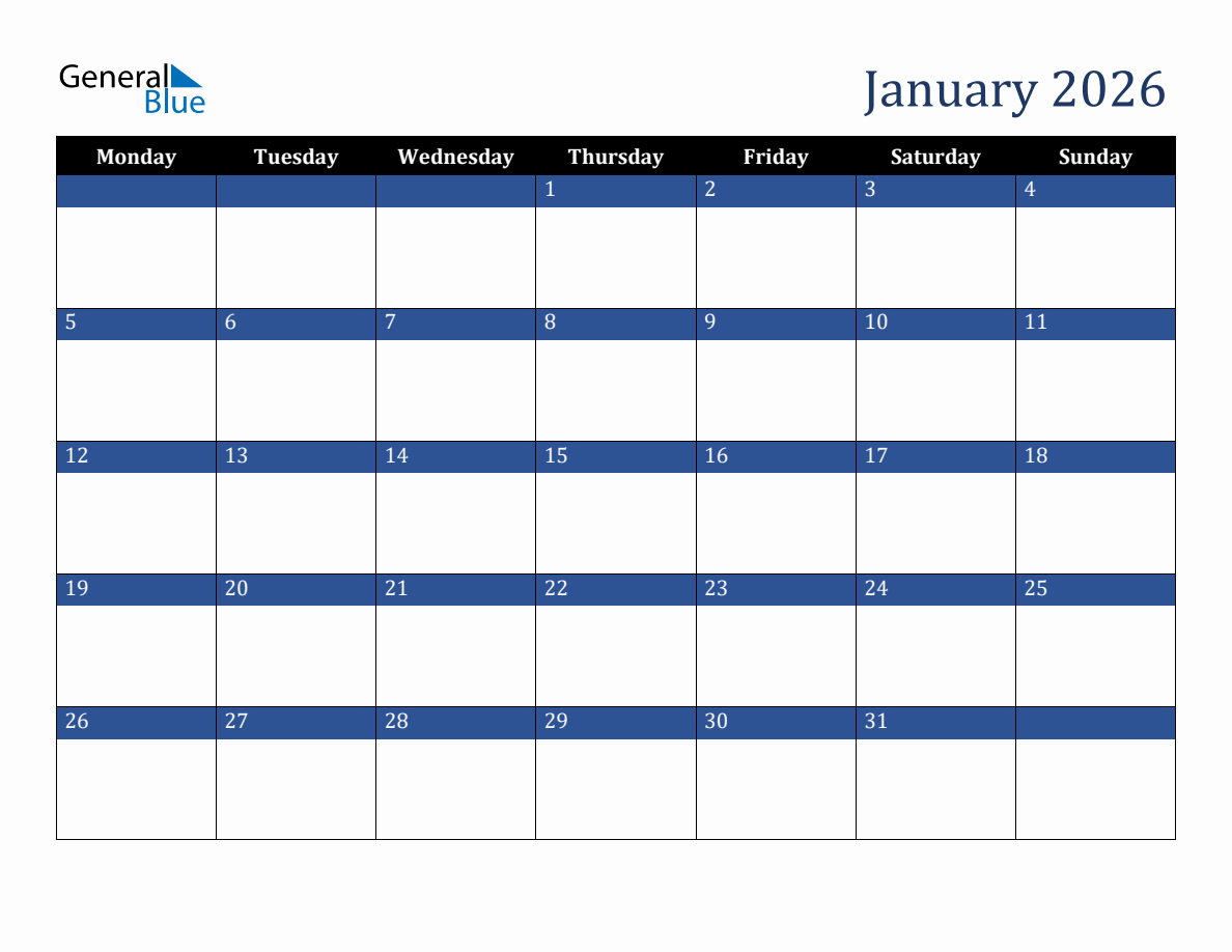 Blank January 2026 Calendar Monday Start