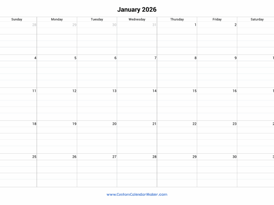 January 2026 Fillable Calendar Grid With Lines Custom Calendar Maker