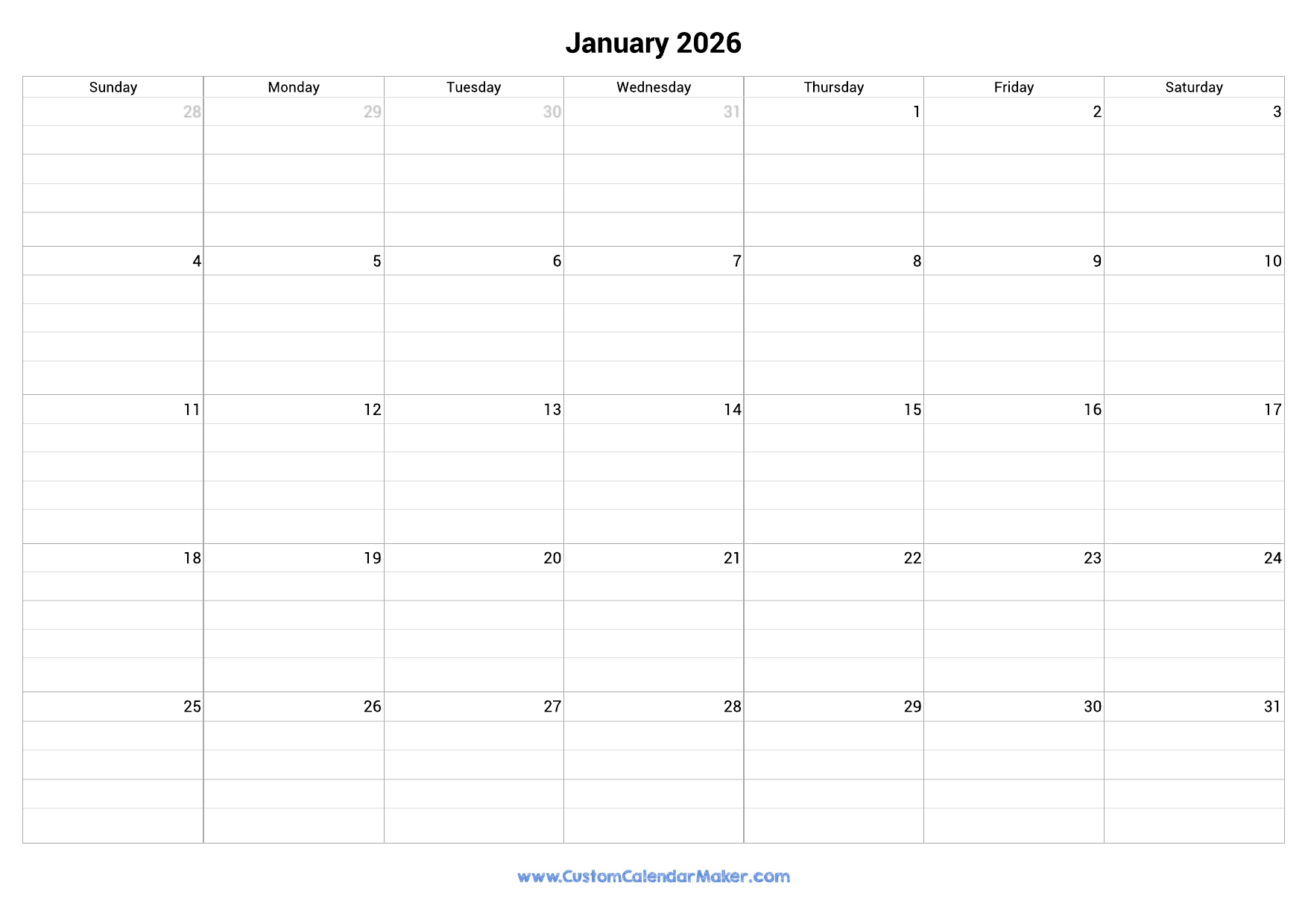 January 2026 Fillable Calendar Grid With Lines Custom Calendar Maker January 2026 Fillable Calendar Grid With Lines Custom Calendar Maker