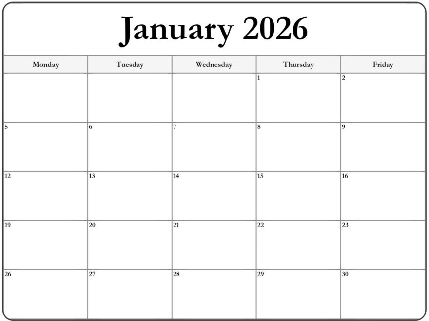 January 2026 Monday Calendar Monday To Sunday