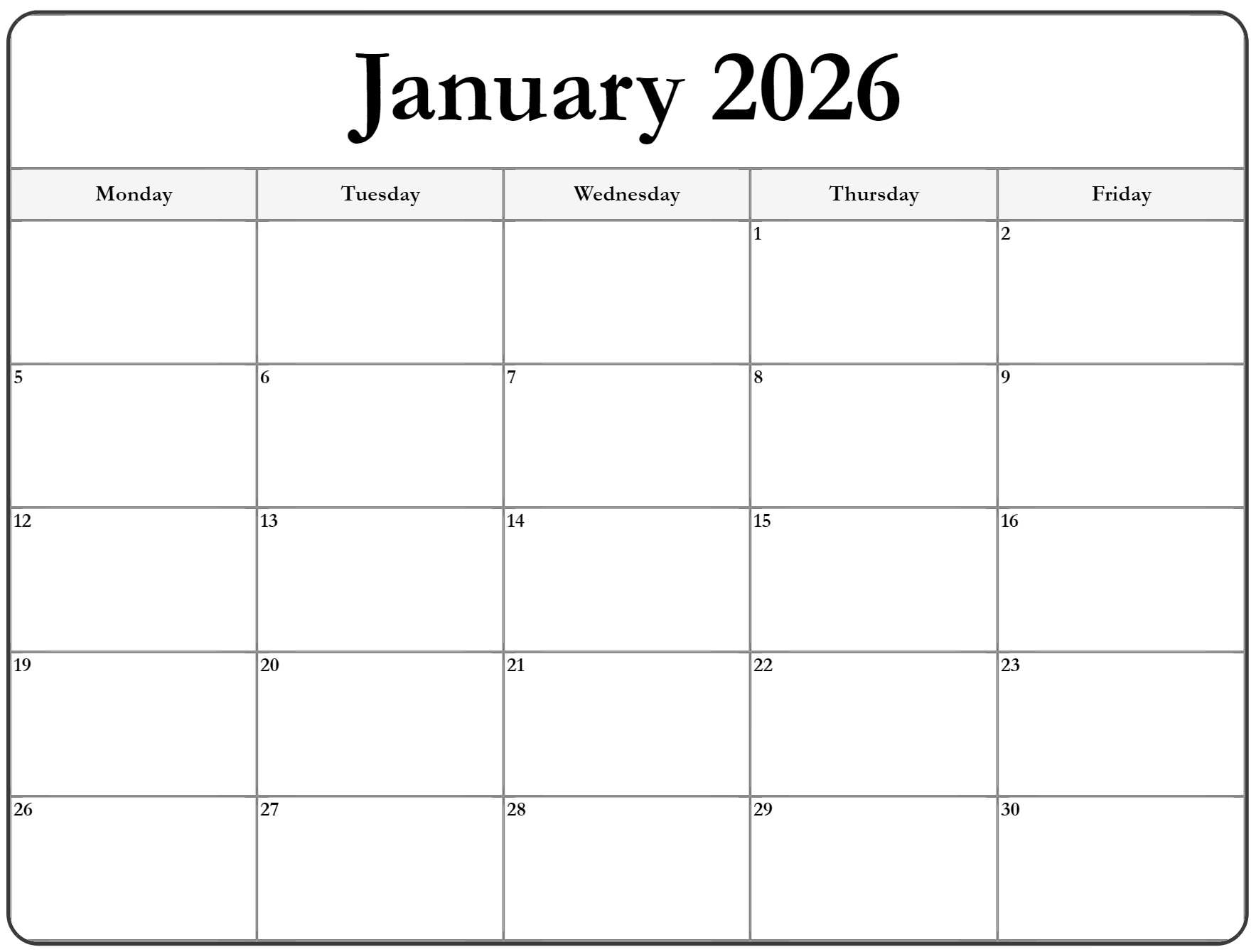 January 2026 Monday Calendar Monday To Sunday January 2026 Monday Calendar Monday To Sunday