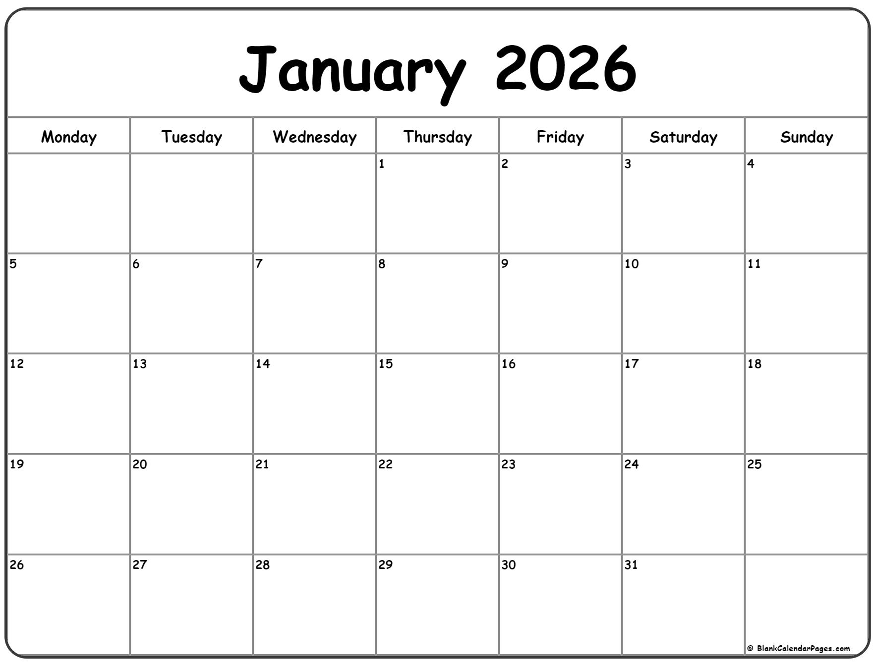 January 2026 Monday Calendar Monday To Sunday January 2026 Monday Calendar Monday To Sunday