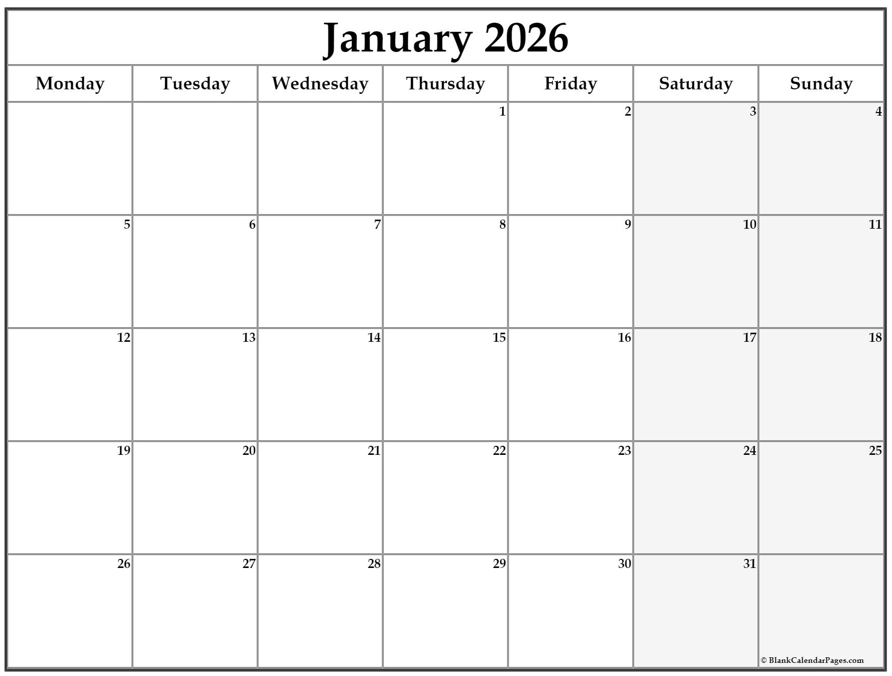 Copy Of January 2026 Calendar