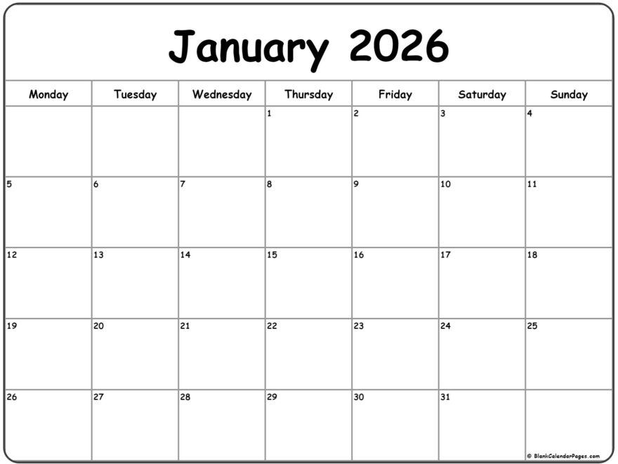 January 2026 Monday Calendar Monday To Sunday