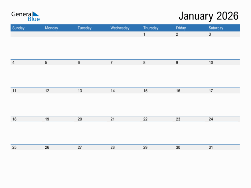 January 2026 Monthly Calendar PDF Word Excel