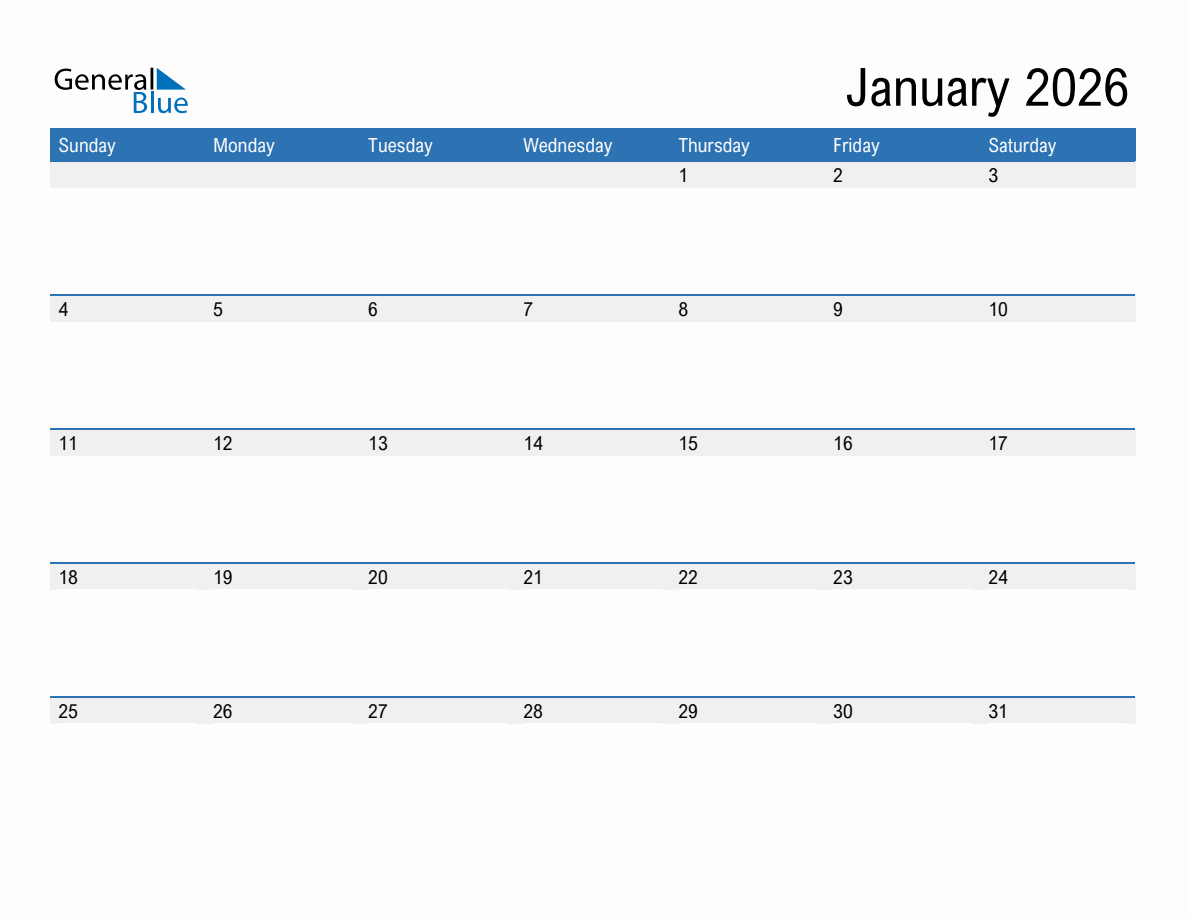 Editable January Calendar 2026