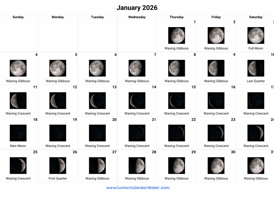 January 2026 Moon Phases Calendar Custom Calendar Maker