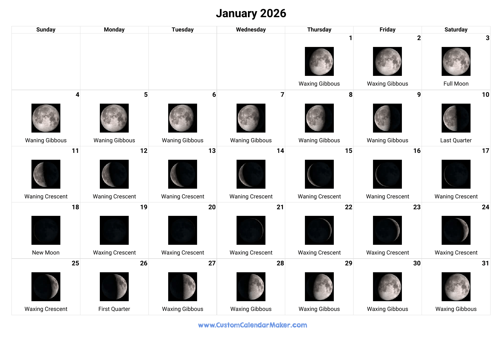 Blank January Calendar 2026 Moon