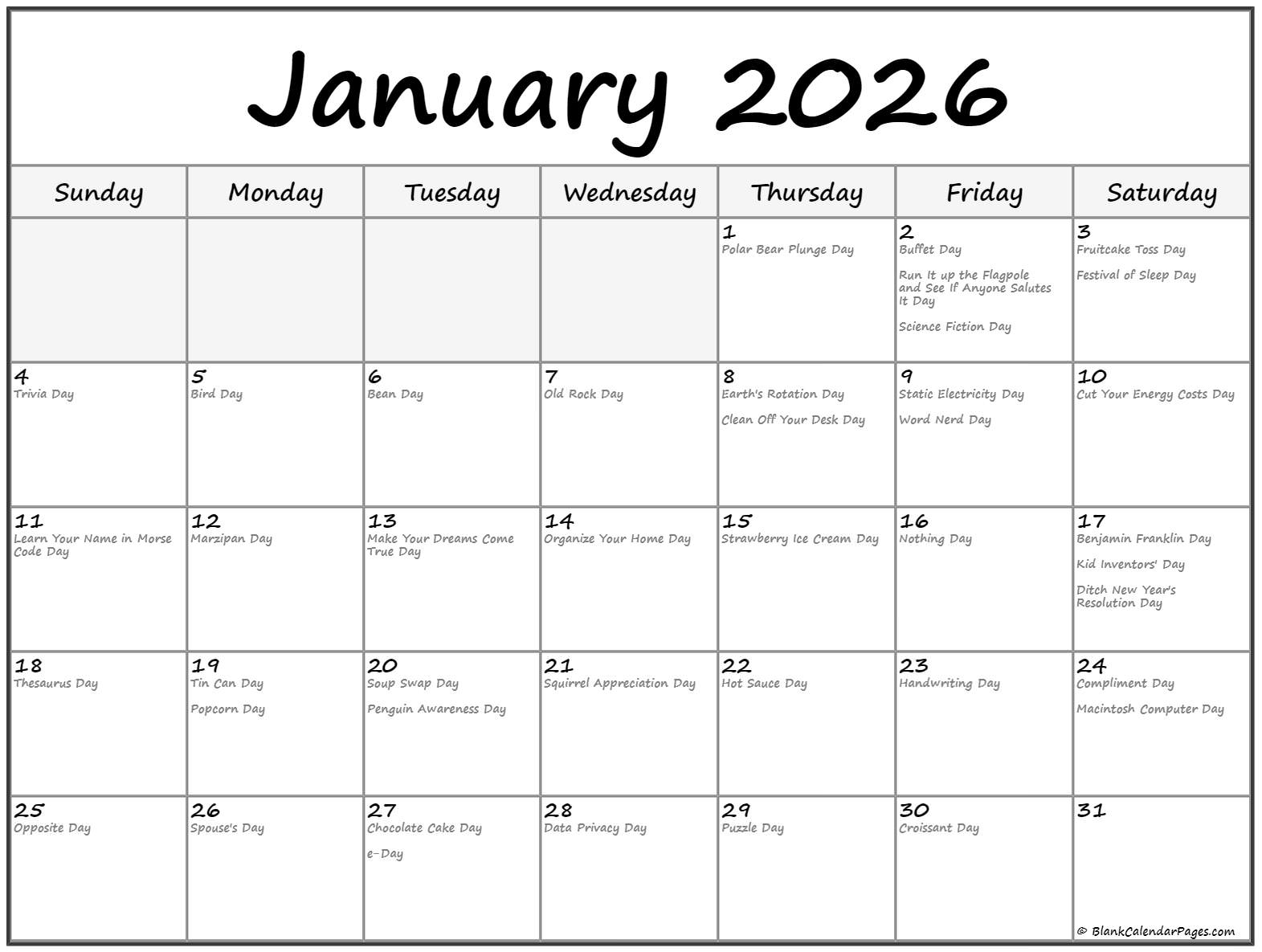 January 2026 With Holidays Calendar January 2026 With Holidays Calendar