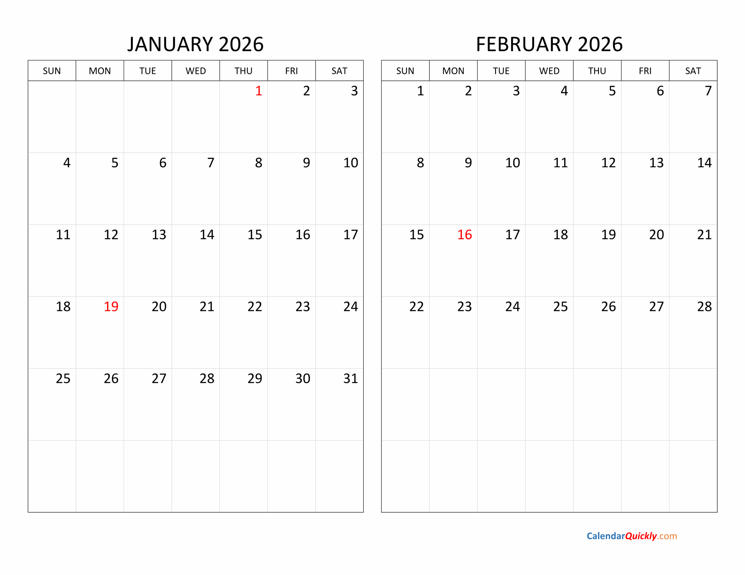 Blank Calendar January February 2026