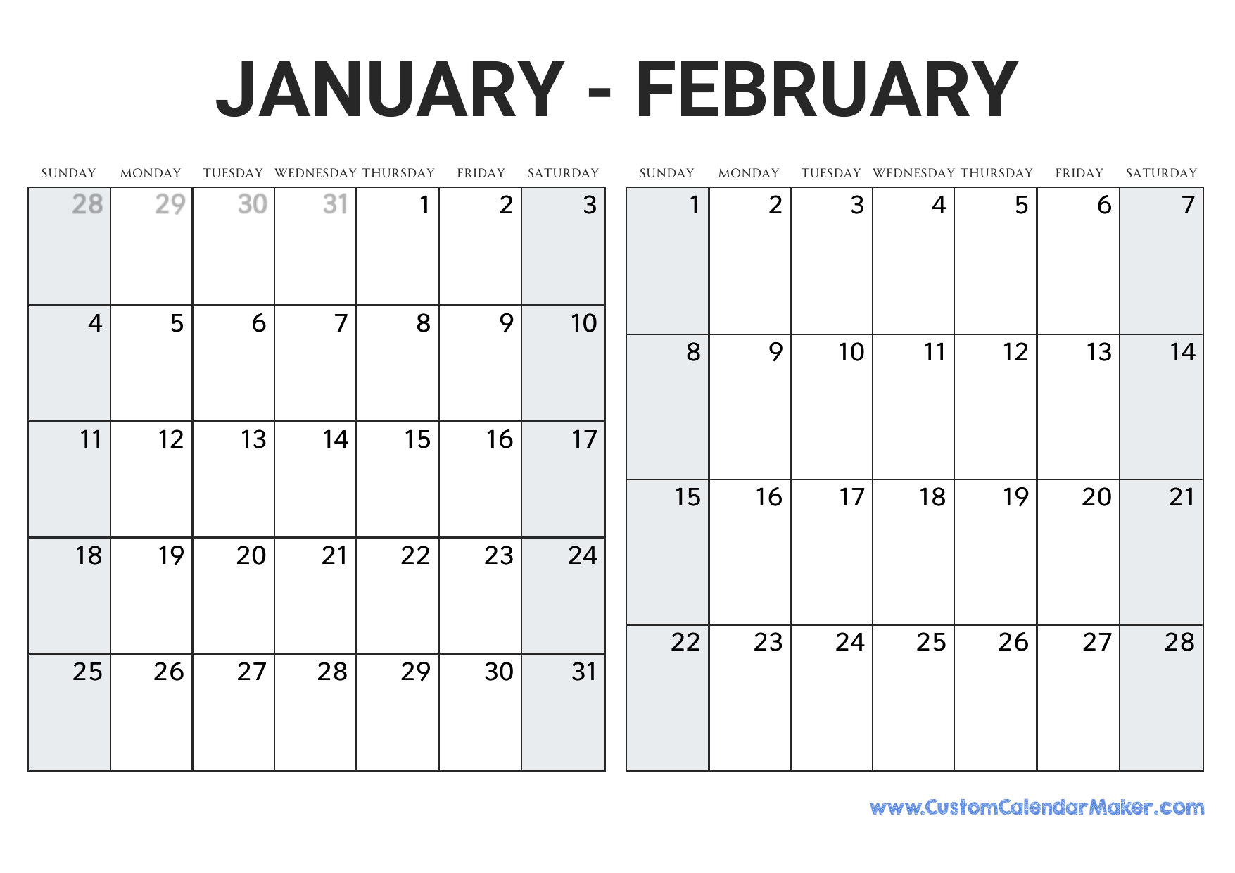 January Calendar February 2026 Calendar January Calendar February 2026 Calendar