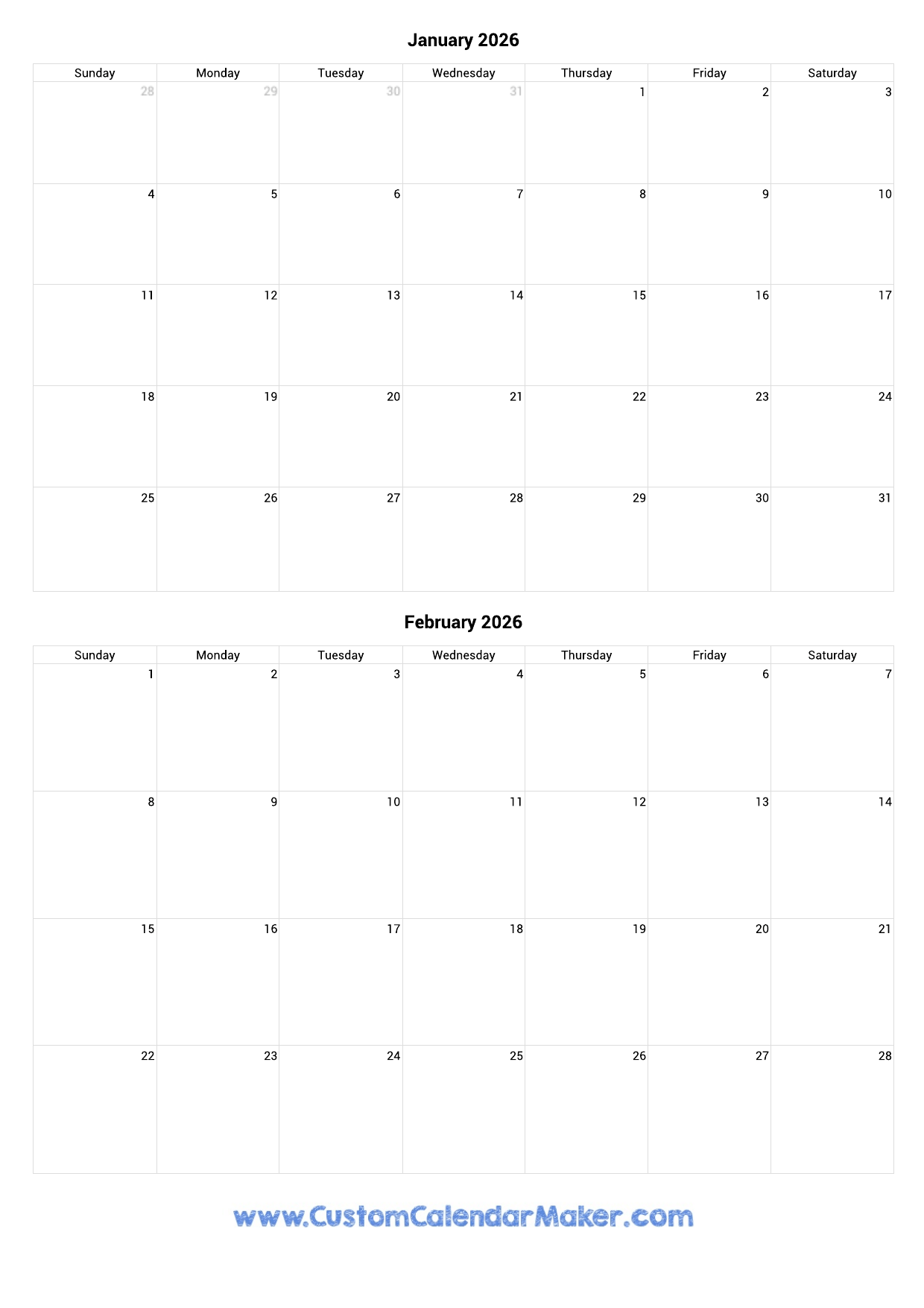 Calendar Template 2026 January February