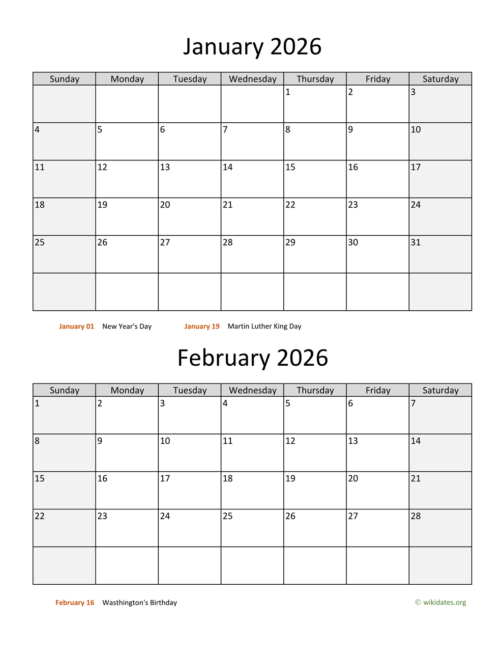 Free January & February 2026 Calendar
