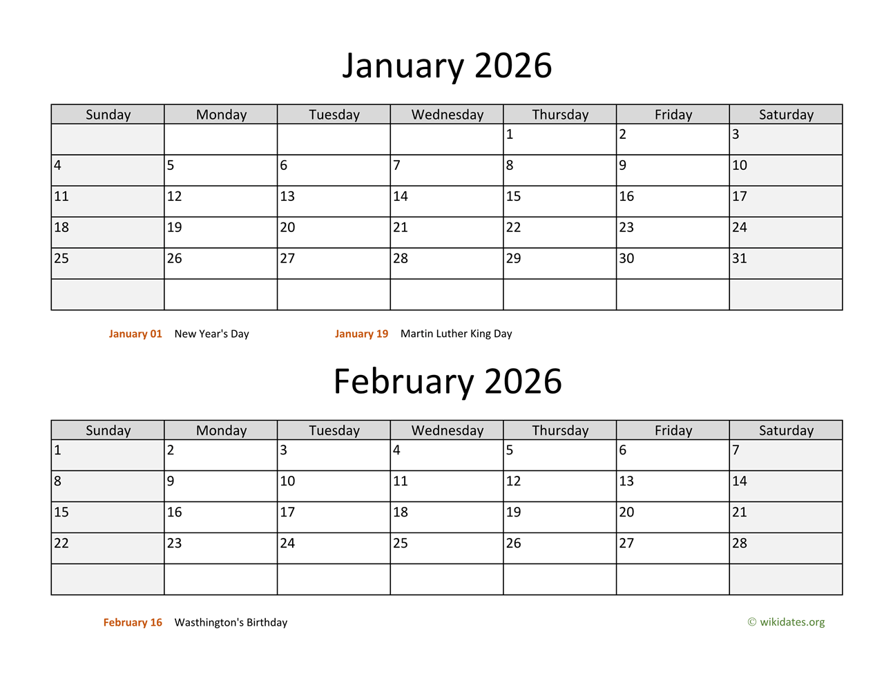 February And January Calendar 2026