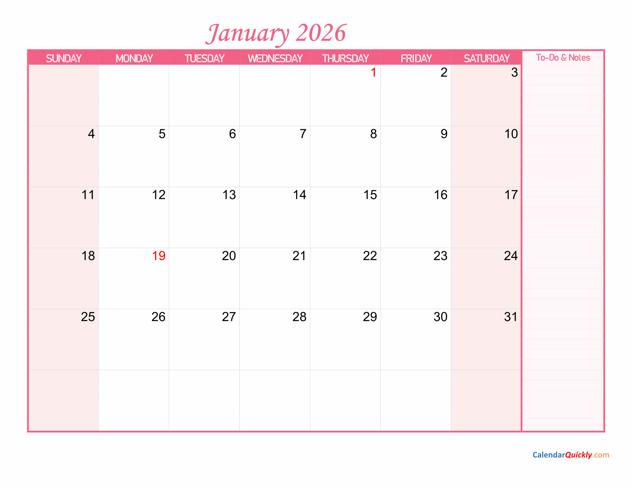 January Calendar 2026 With Notes Calendar Quickly