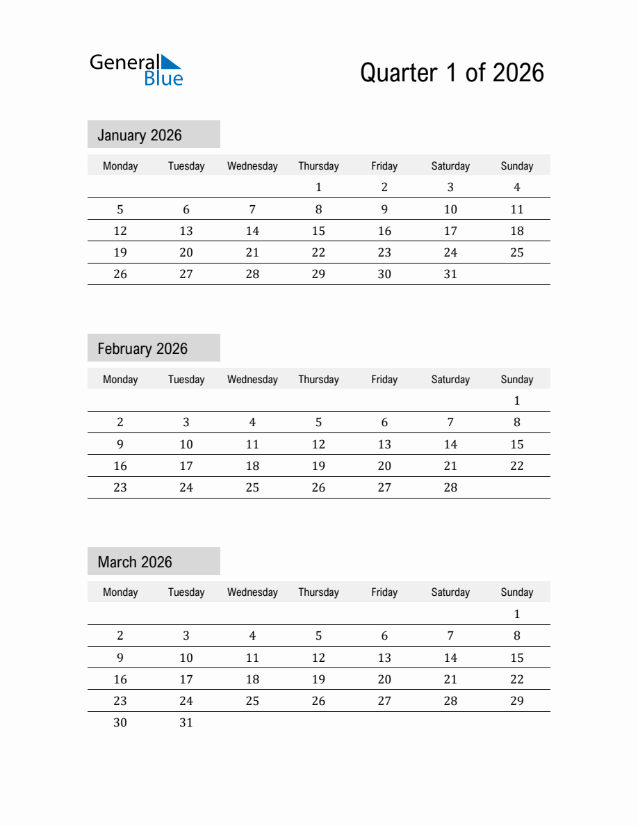 January - March 2026 Calendar