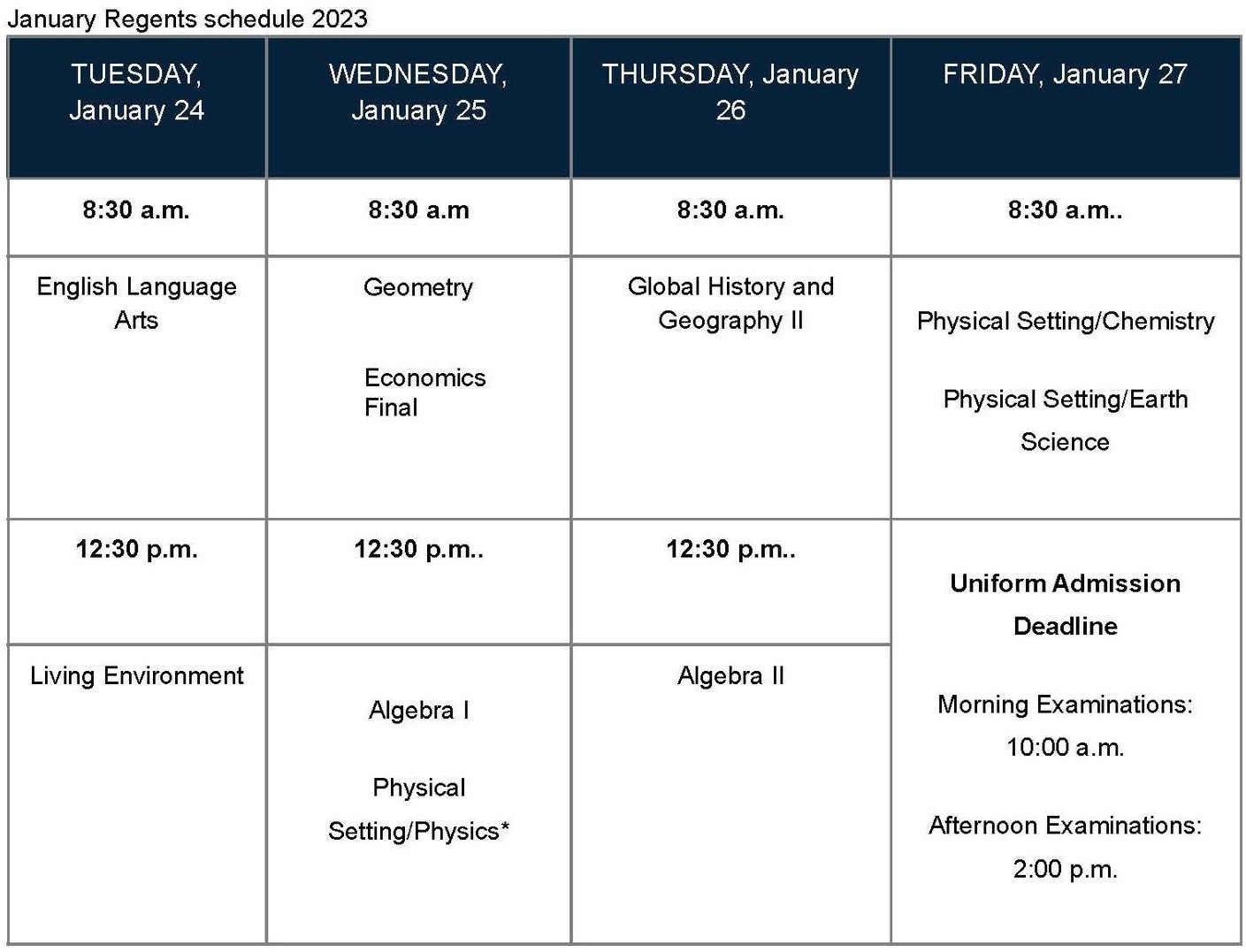 January Regents Schedule Northern Adirondack CSD