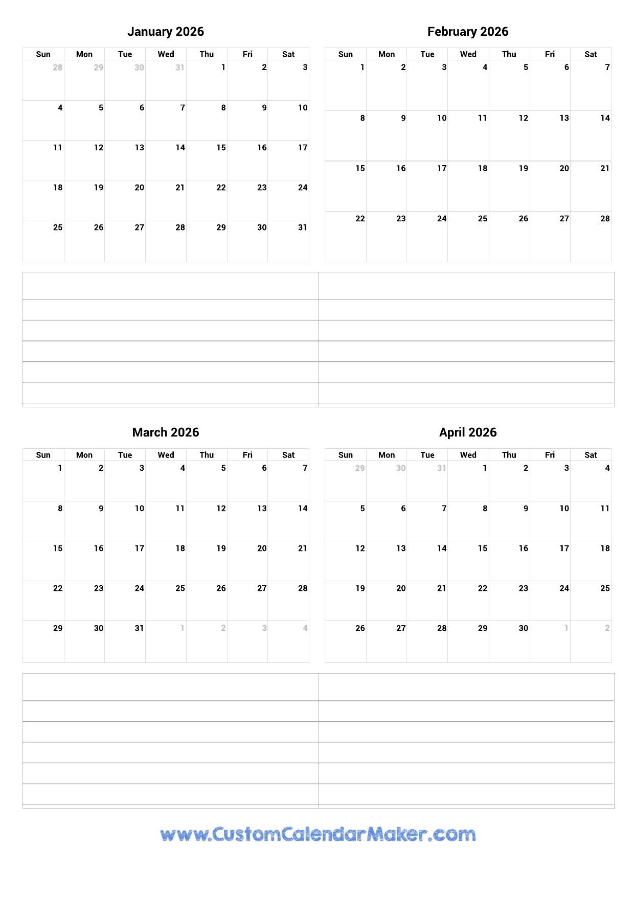January To April 2026 Printable Calendar Custom Calendar Maker