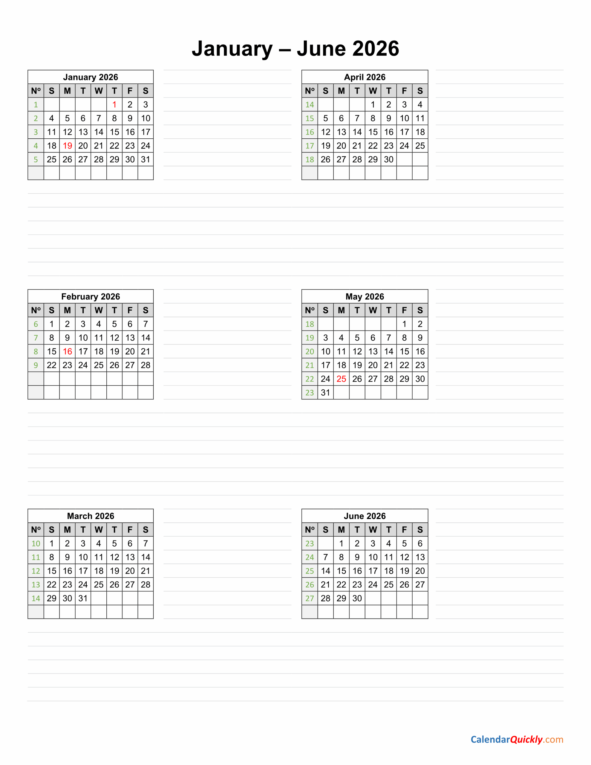 Calendar January 2026-June 2026