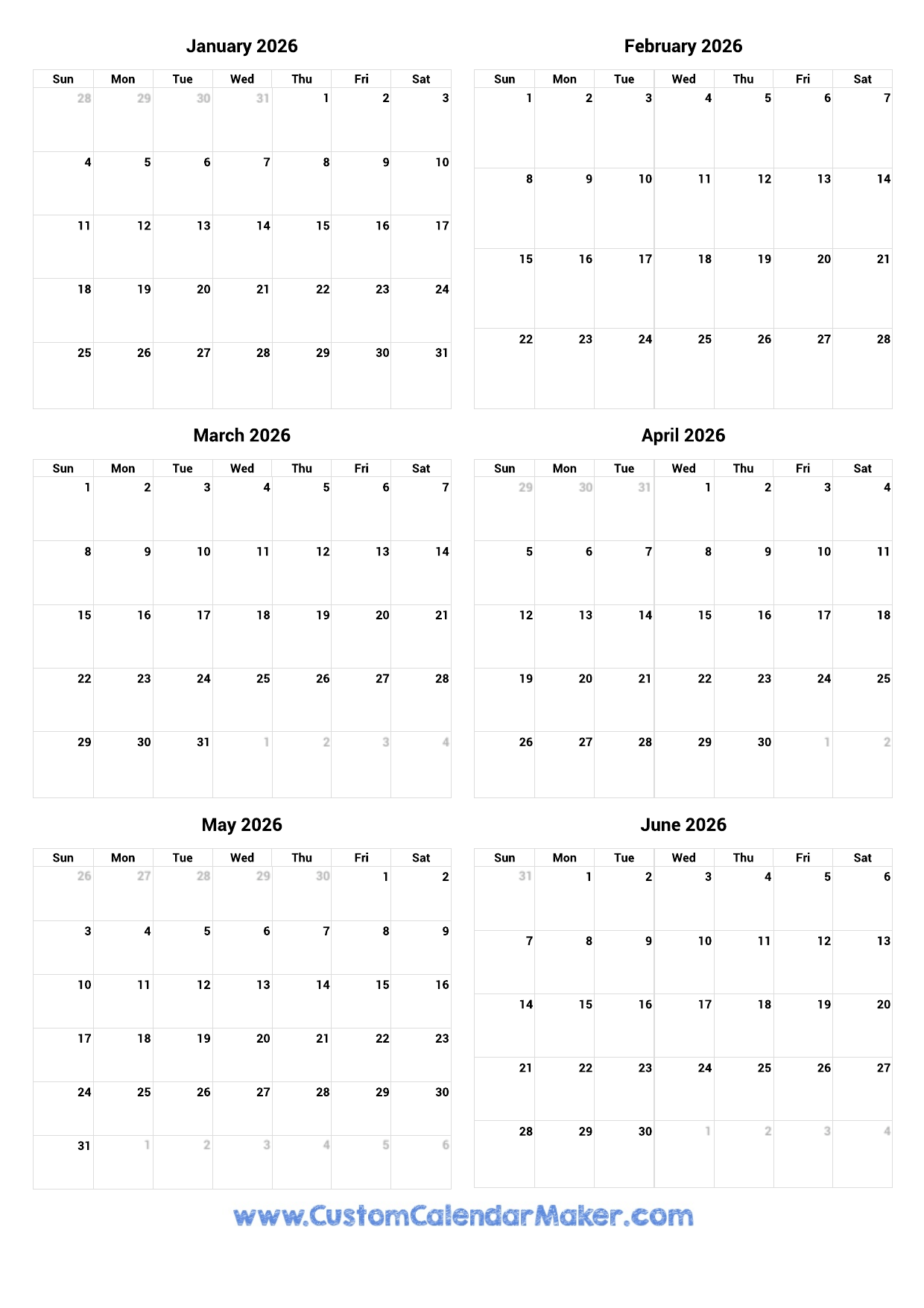 Calendar January 2026-June 2026 Printable